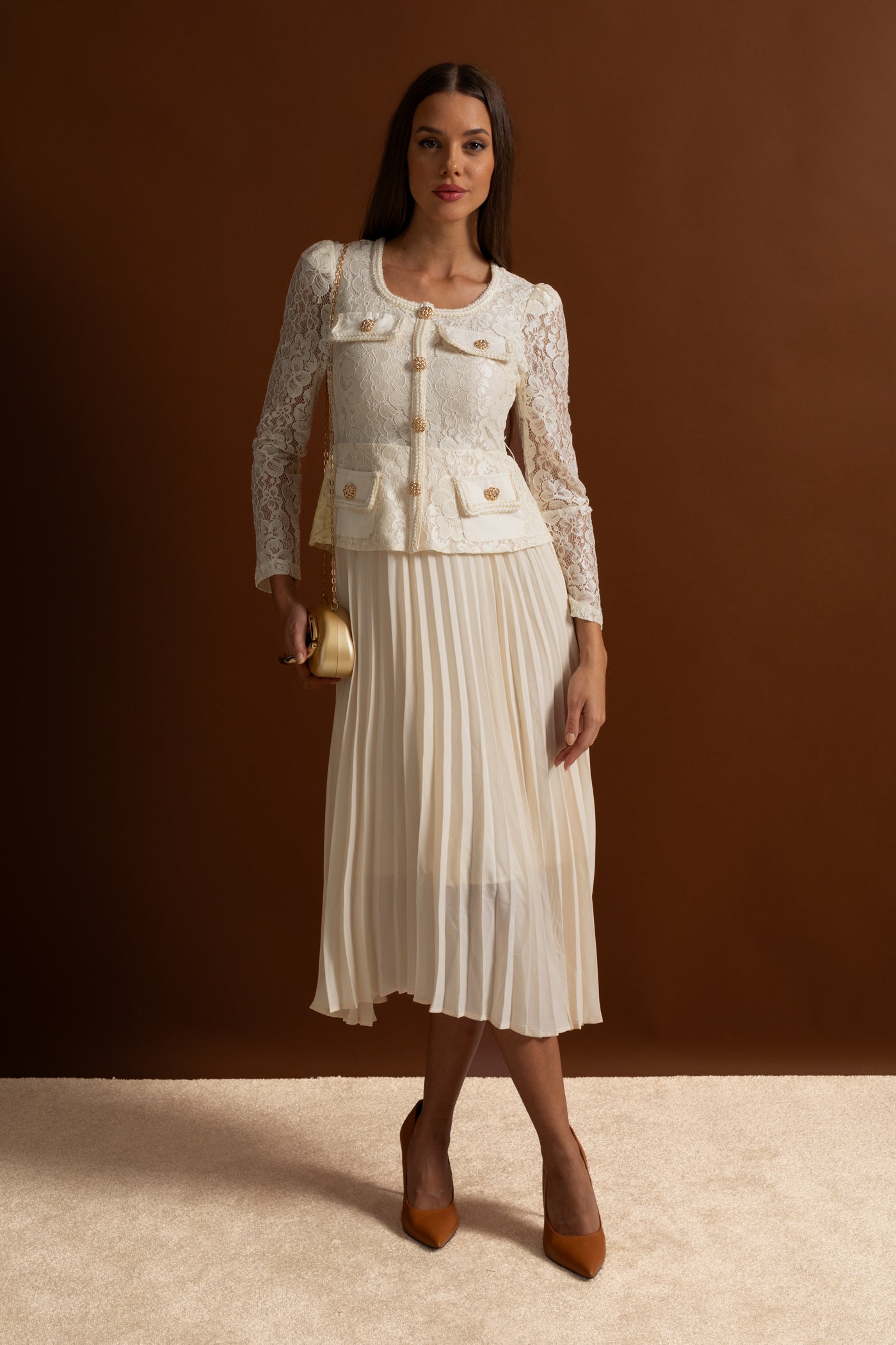 Lace and Pleated Midi Dress with Gold Button Detailing - Ivoire