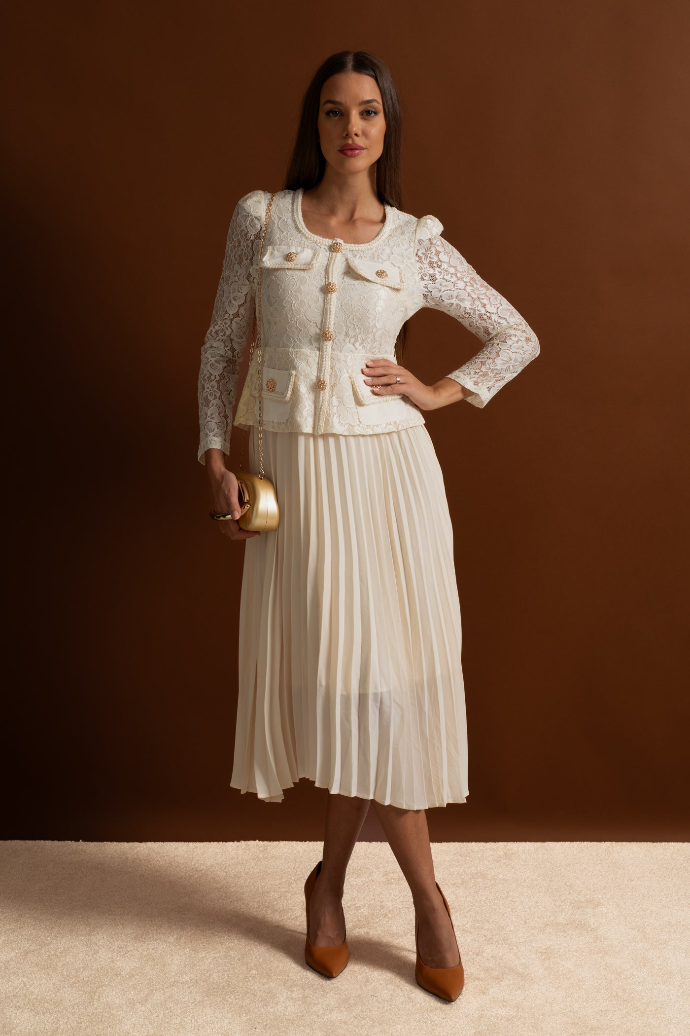 Lace and Pleated Midi Dress with Gold Button Detailing - Ivoire