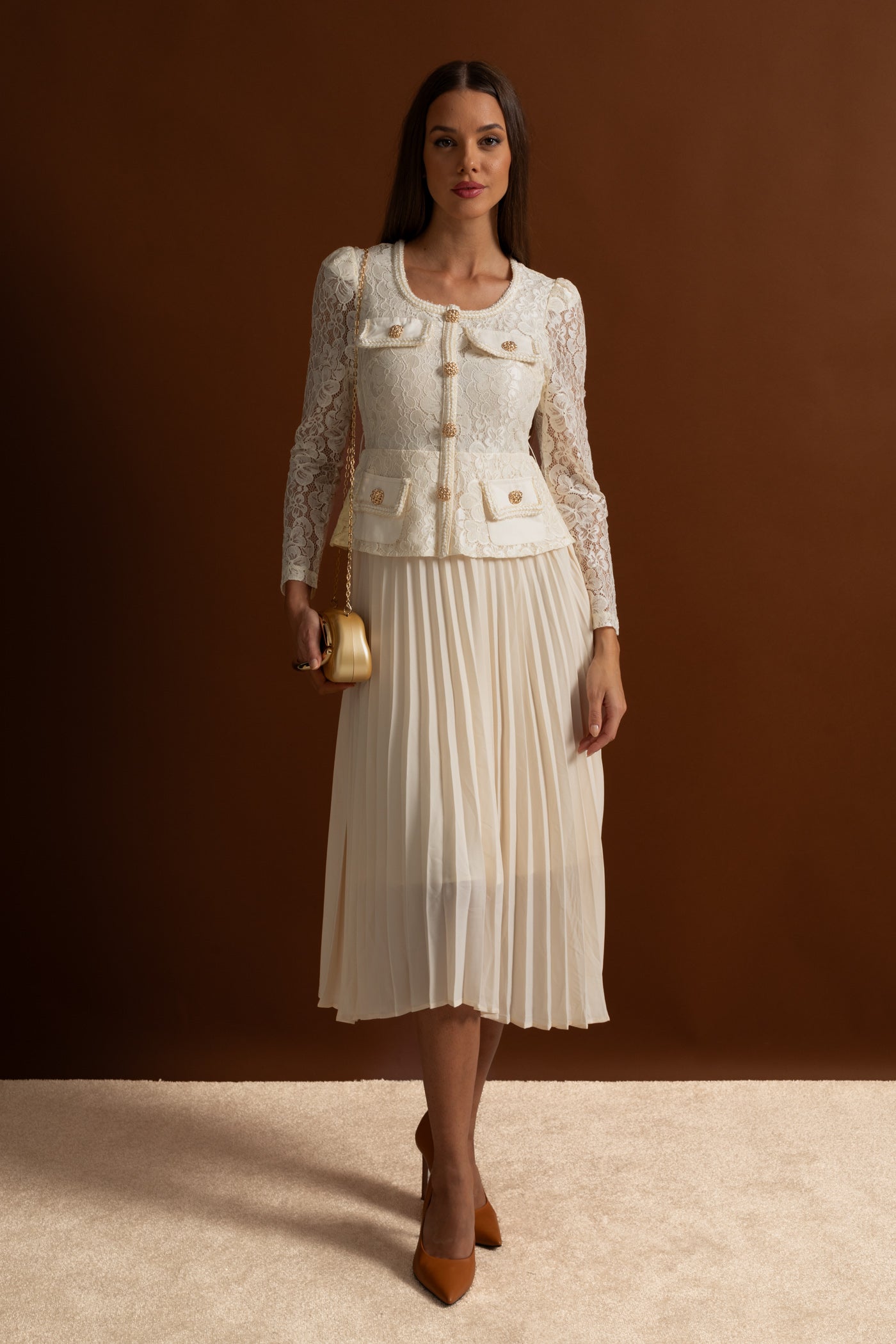 Lace and Pleated Midi Dress with Gold Button Detailing - Ivoire