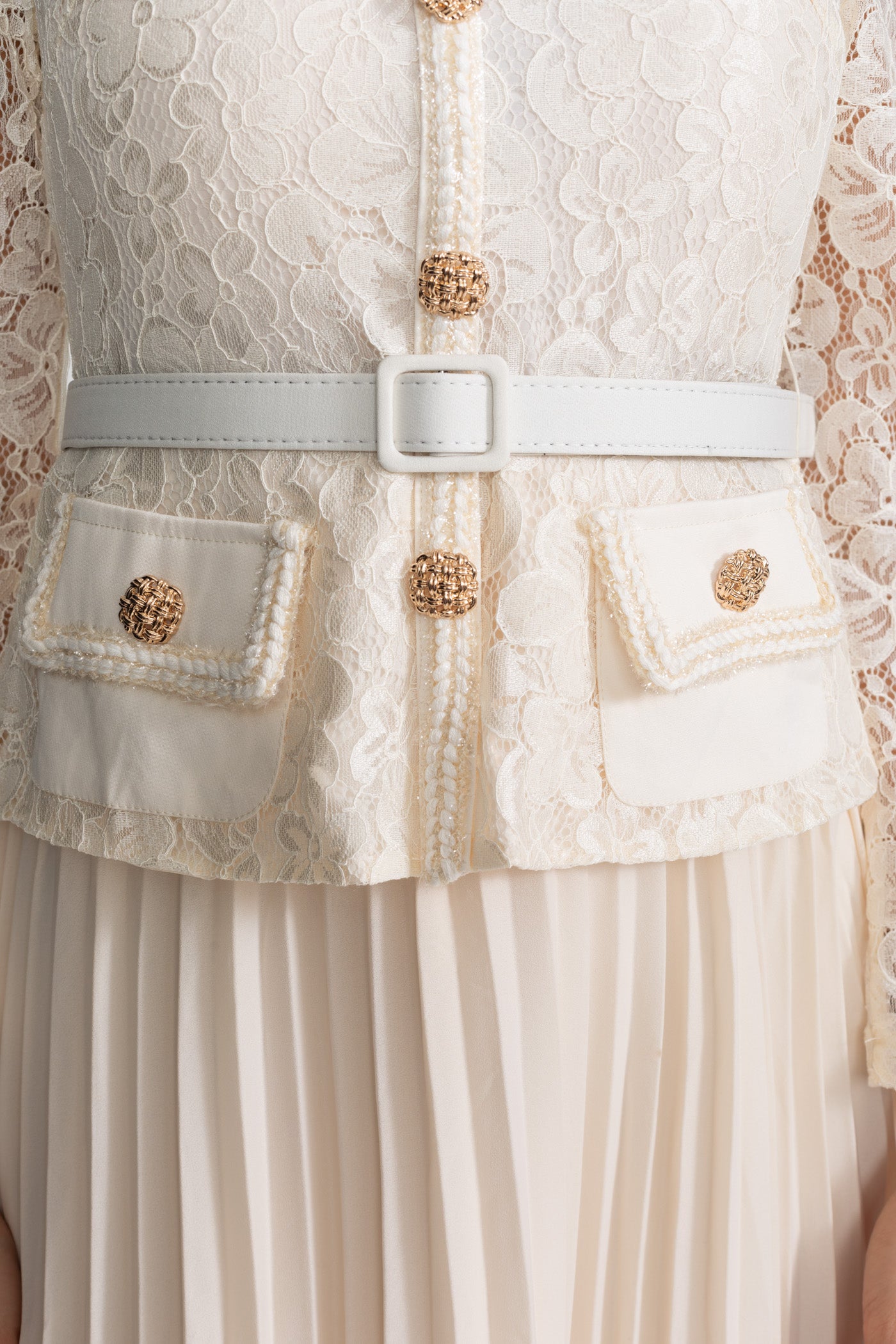 Lace and Pleated Midi Dress with Gold Button Detailing - Ivoire