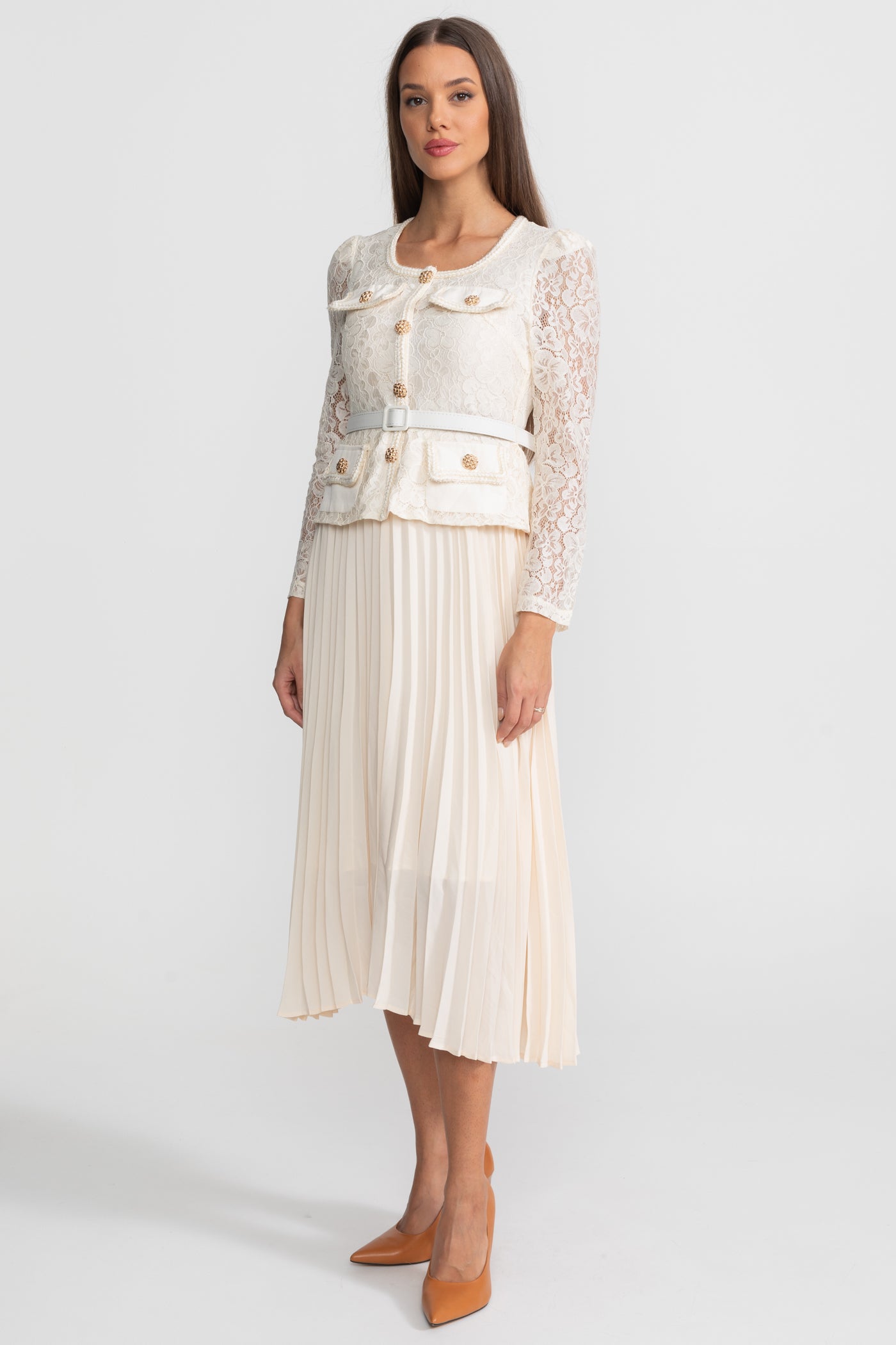 Lace and Pleated Midi Dress with Gold Button Detailing - Ivoire