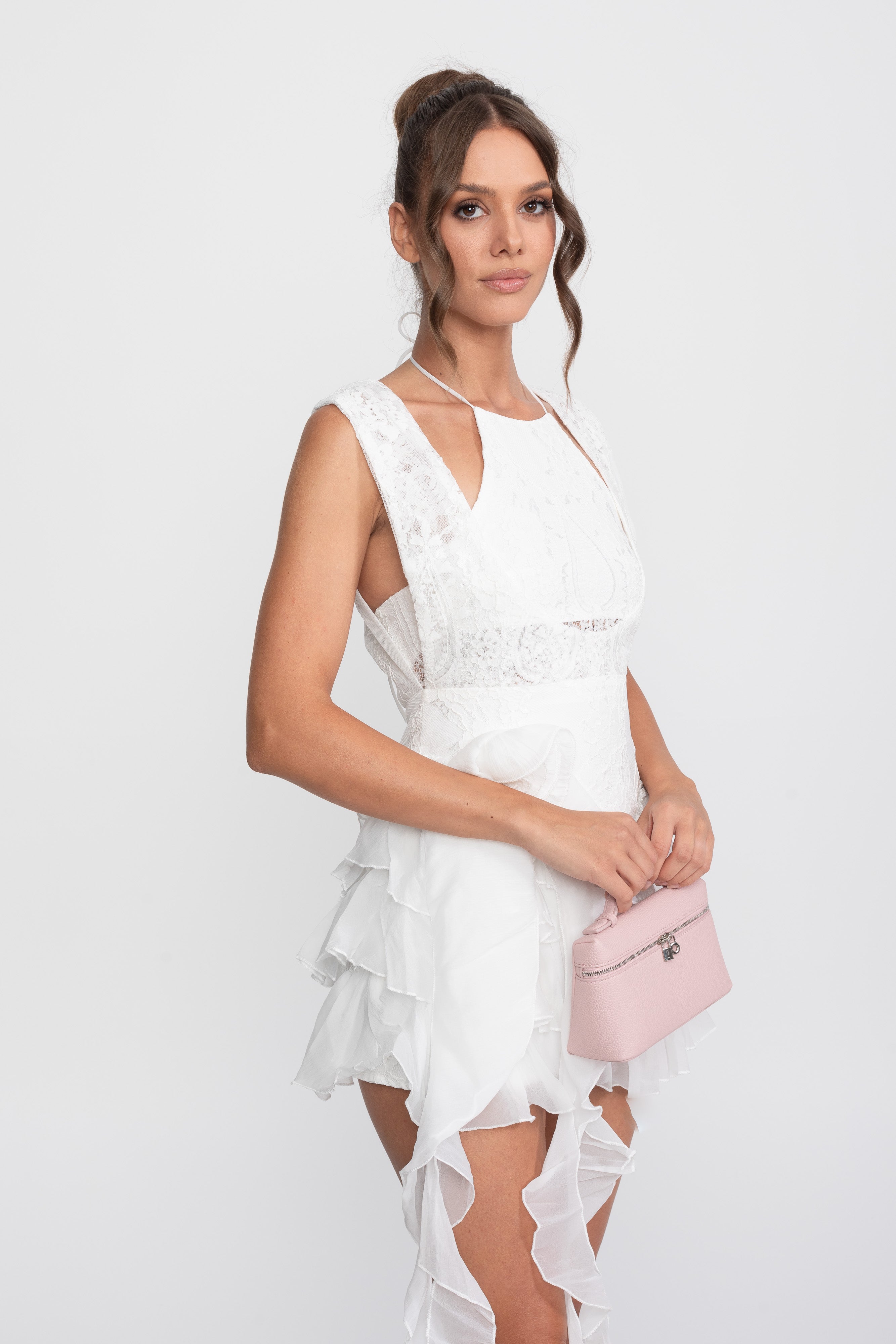 Lace Halter Rosette Mini Dress With Ruffle Skirt - White