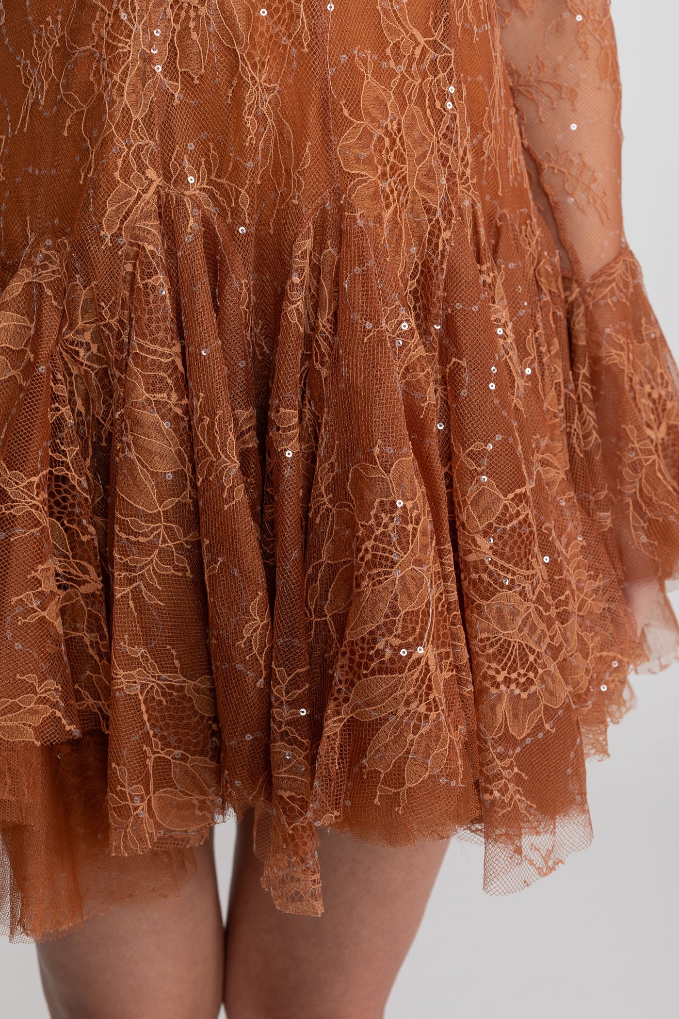 Sheer Lace Long Sleeve Mini Dress With Ruffled Hem - Rust