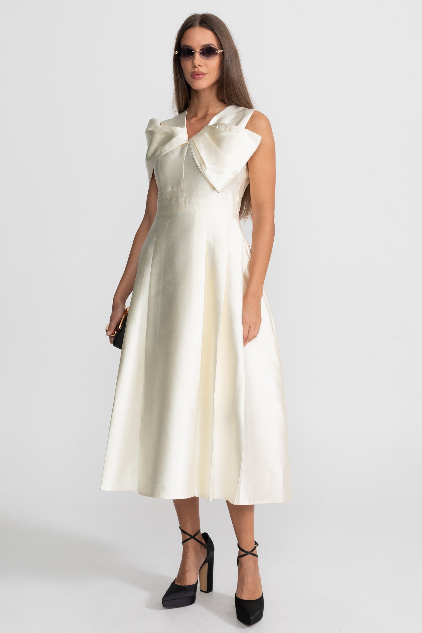 Off-Shoulder Satin Midi Dress With Draped Bow Detail – Ivoire