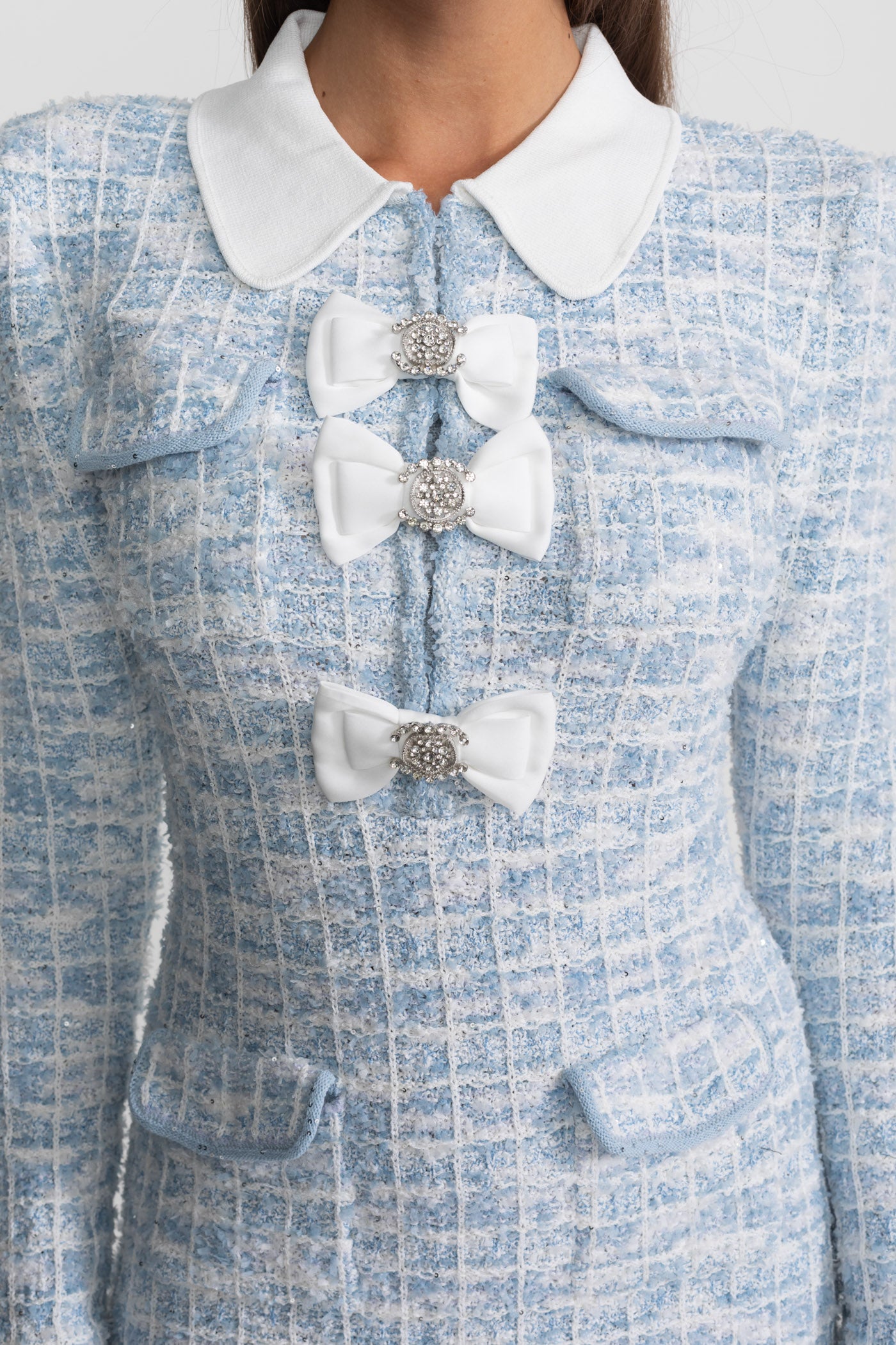 Tweed Mini Dress with Contrast Collar and Bow Embellishments - Light Blue