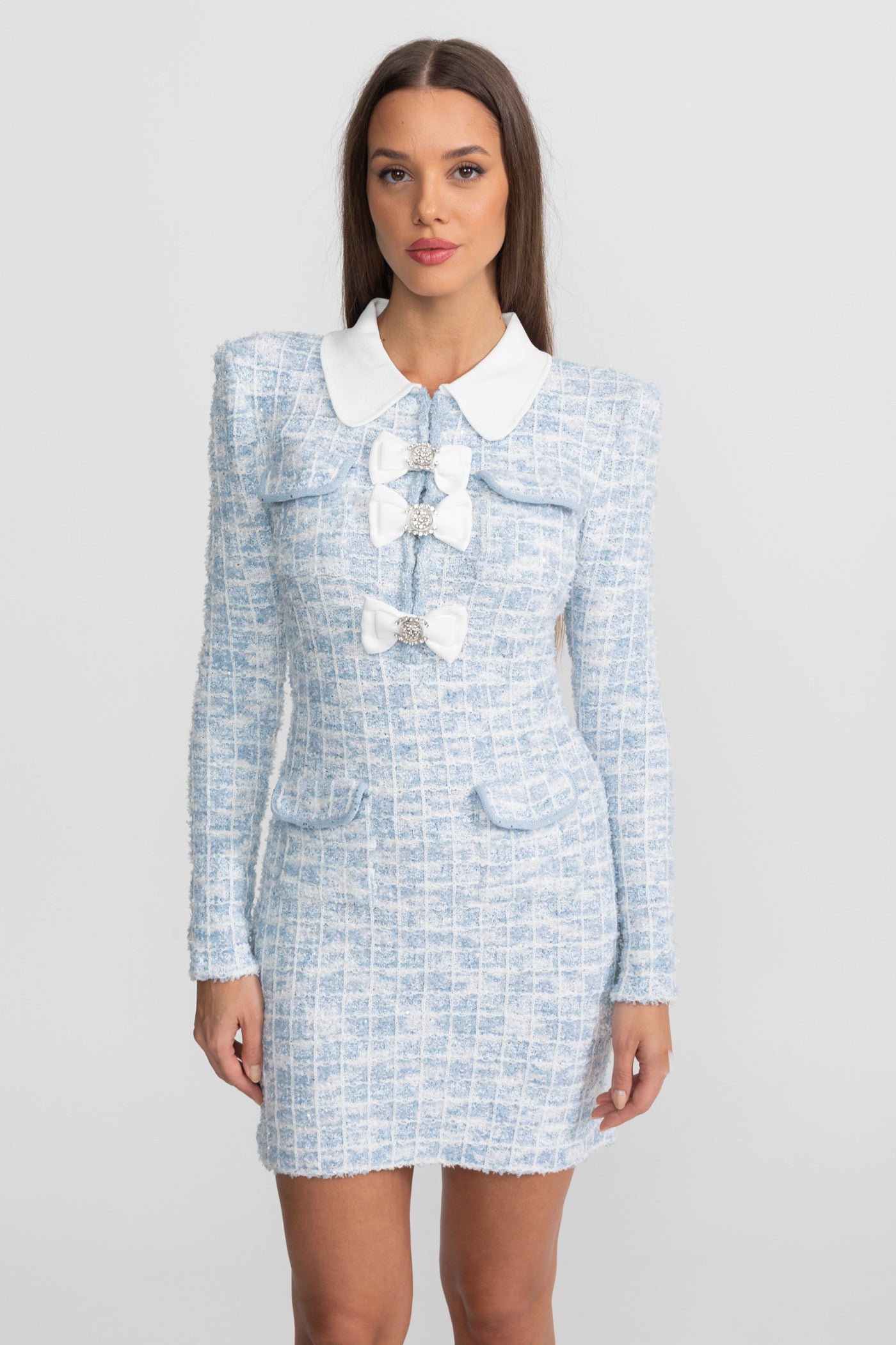 Tweed Mini Dress with Contrast Collar and Bow Embellishments - Light Blue