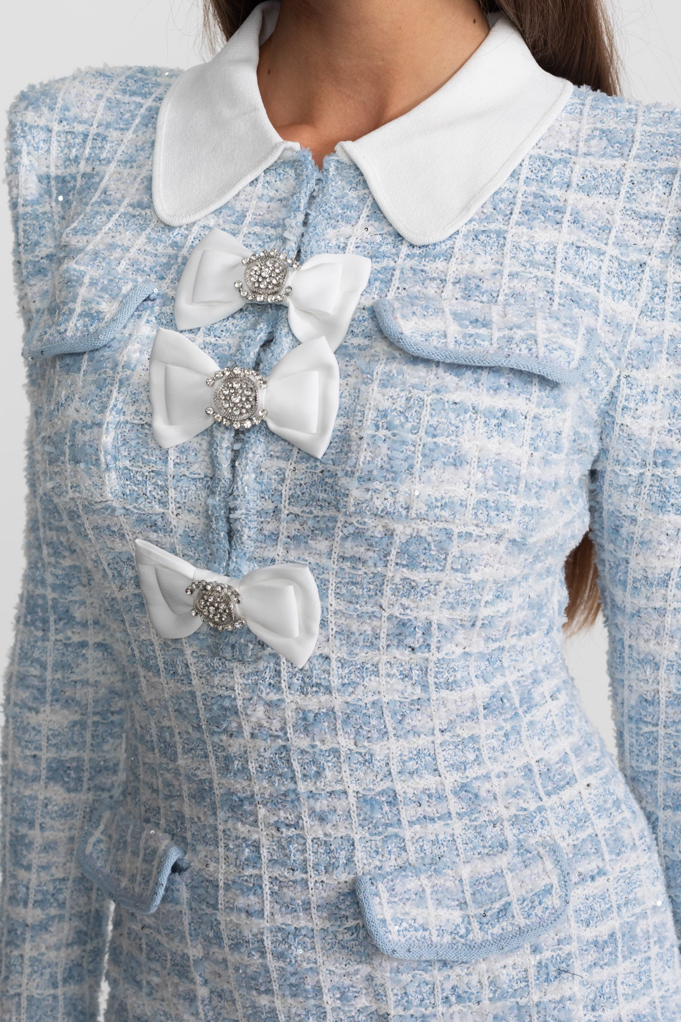 Tweed Mini Dress with Contrast Collar and Bow Embellishments - Light Blue