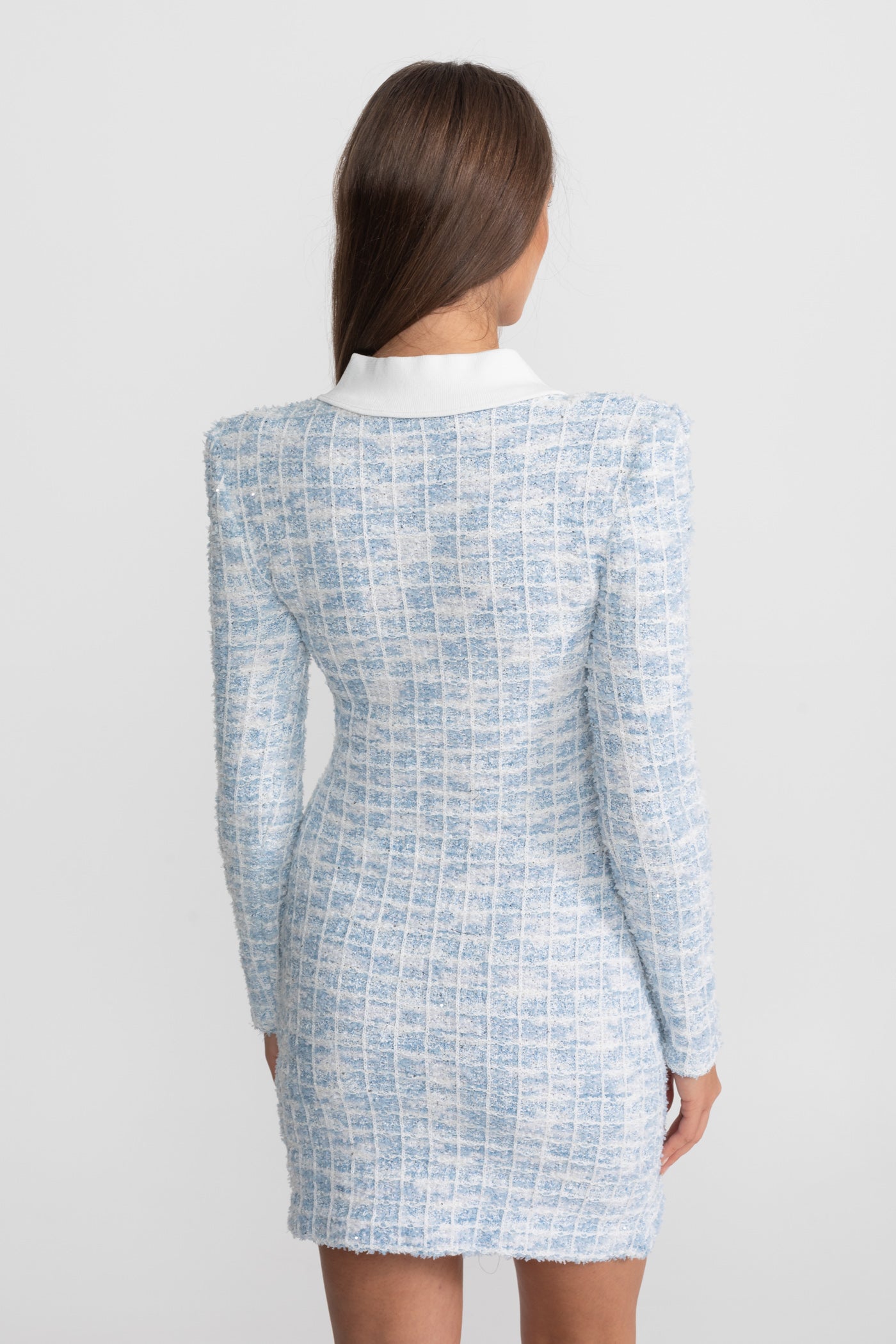 Tweed Mini Dress with Contrast Collar and Bow Embellishments - Light Blue