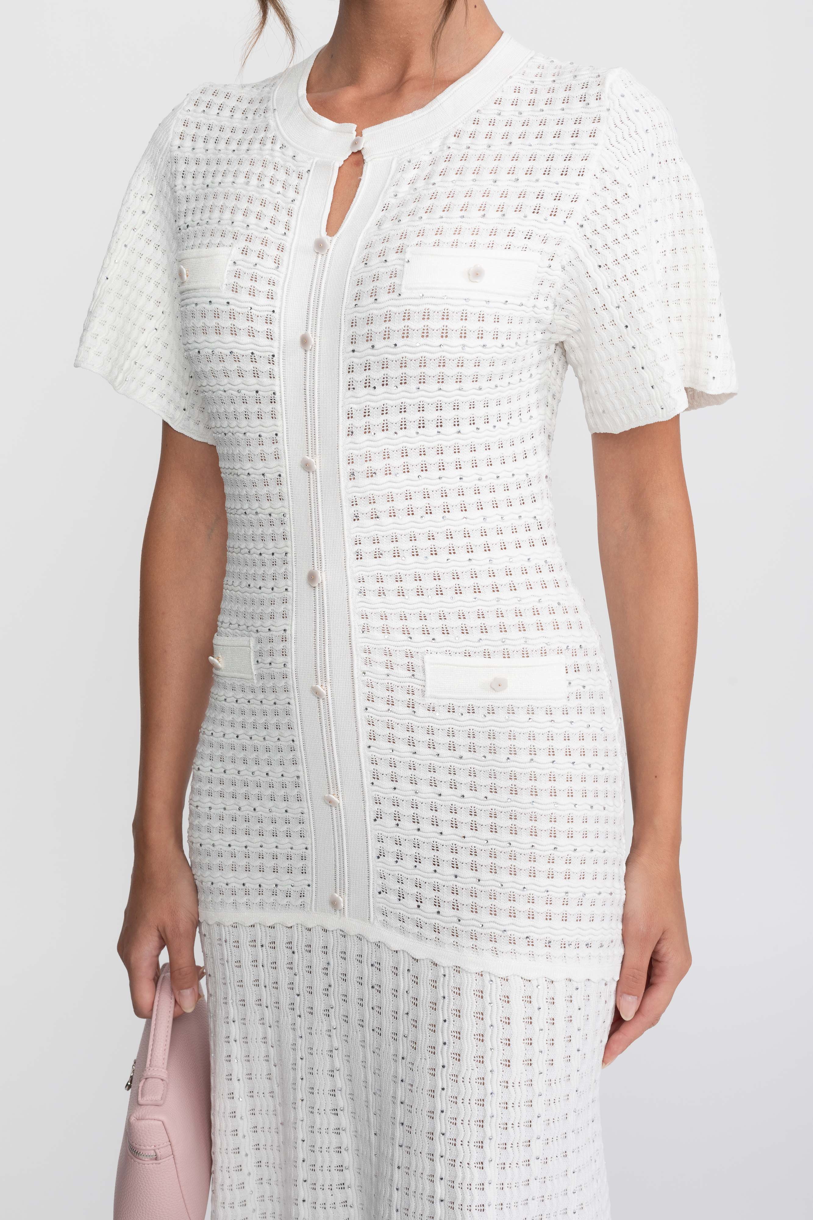 Short Sleeve Midi Dress With Shimmer Knit Texture - White
