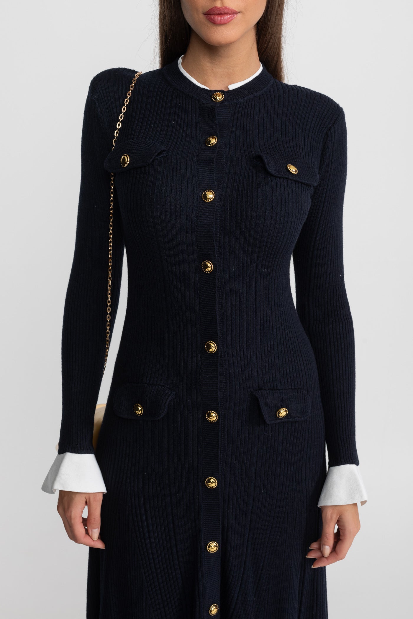 Ribbed Knit Midi Dress with Gold Button Fastening - Dark Blue