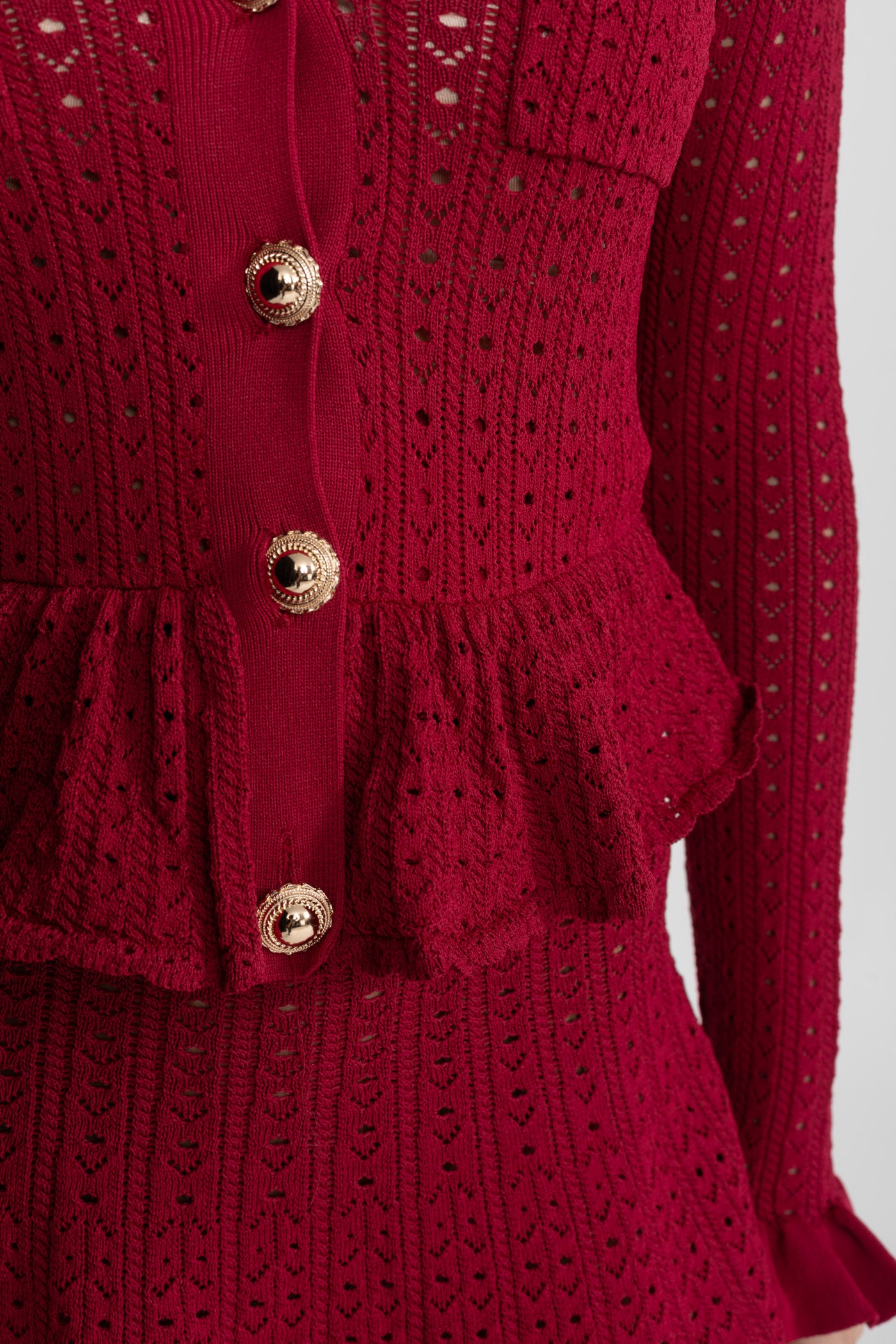 Pointelle Knit Mini Dress with Peplum Hem – Dark Red