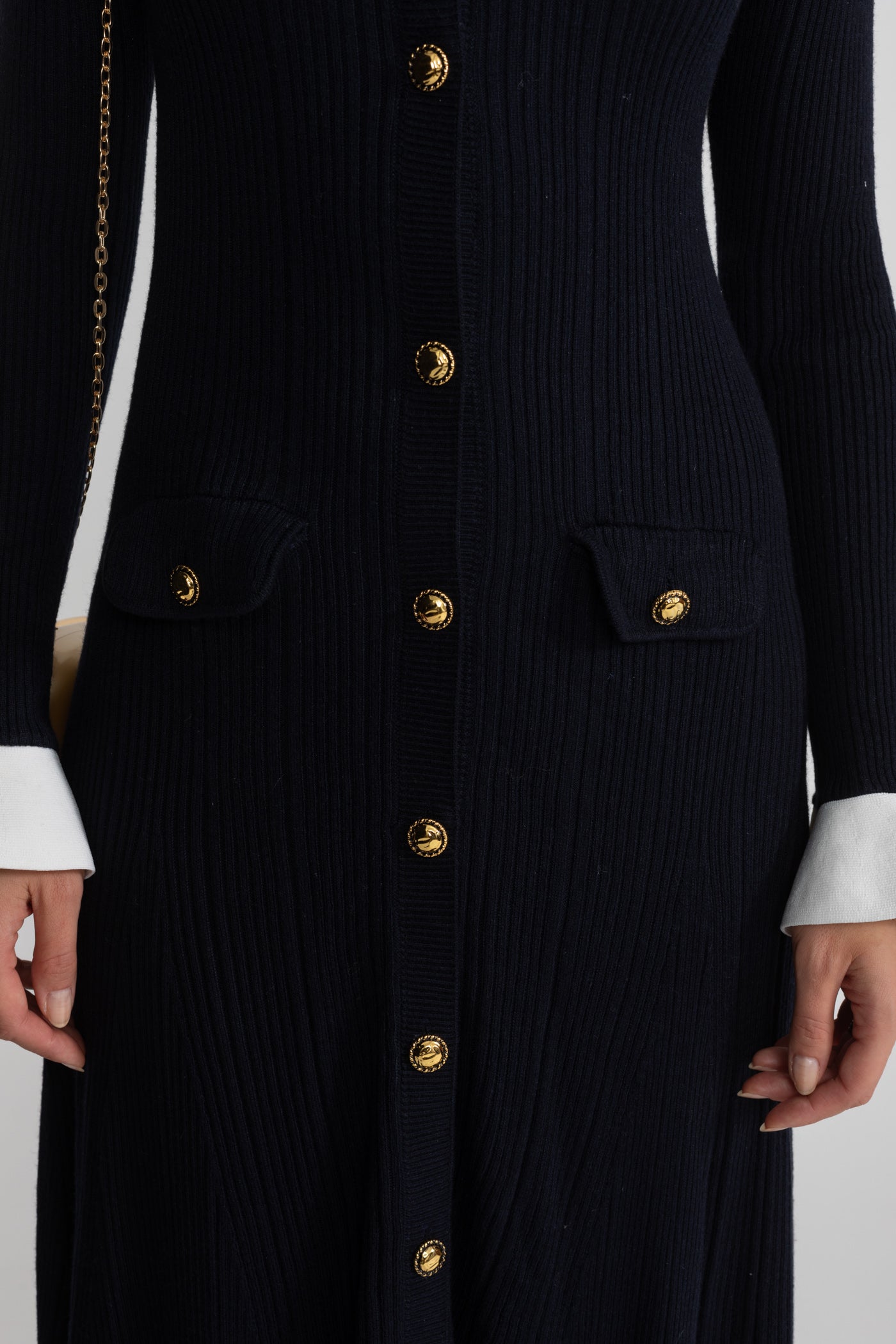 Ribbed Knit Midi Dress with Gold Button Fastening - Dark Blue