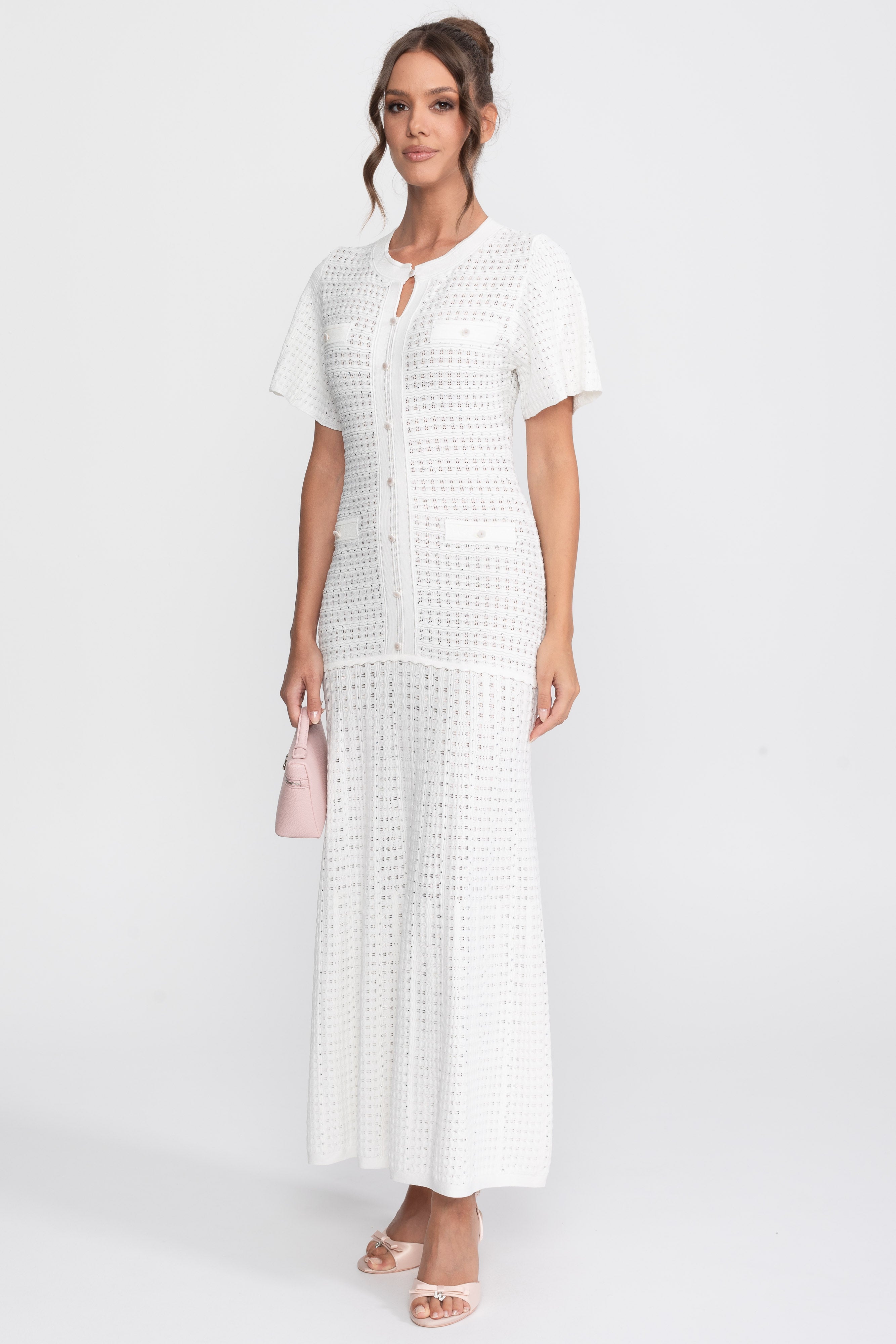 Short Sleeve Midi Dress With Shimmer Knit Texture - White