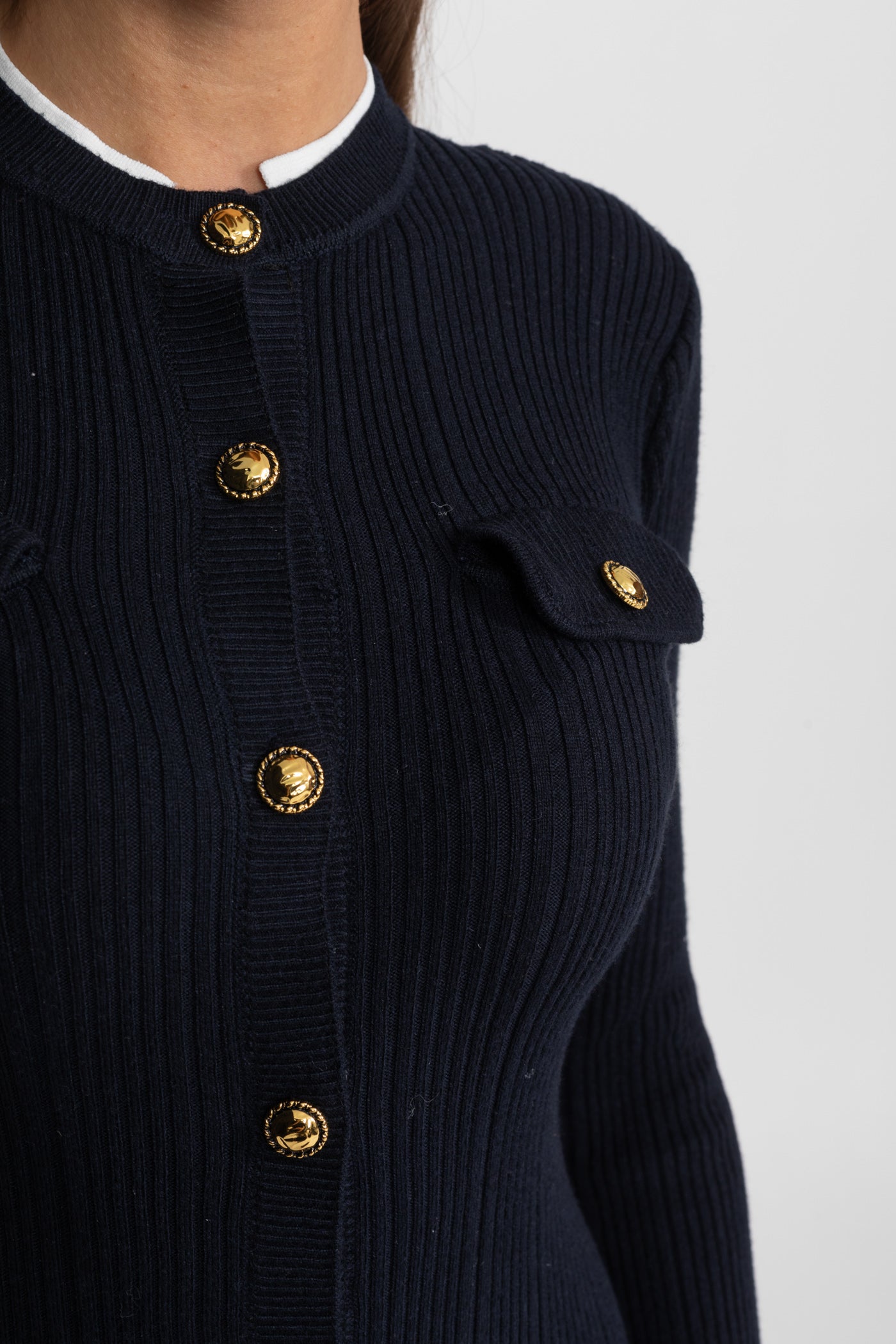 Ribbed Knit Midi Dress with Gold Button Fastening - Dark Blue