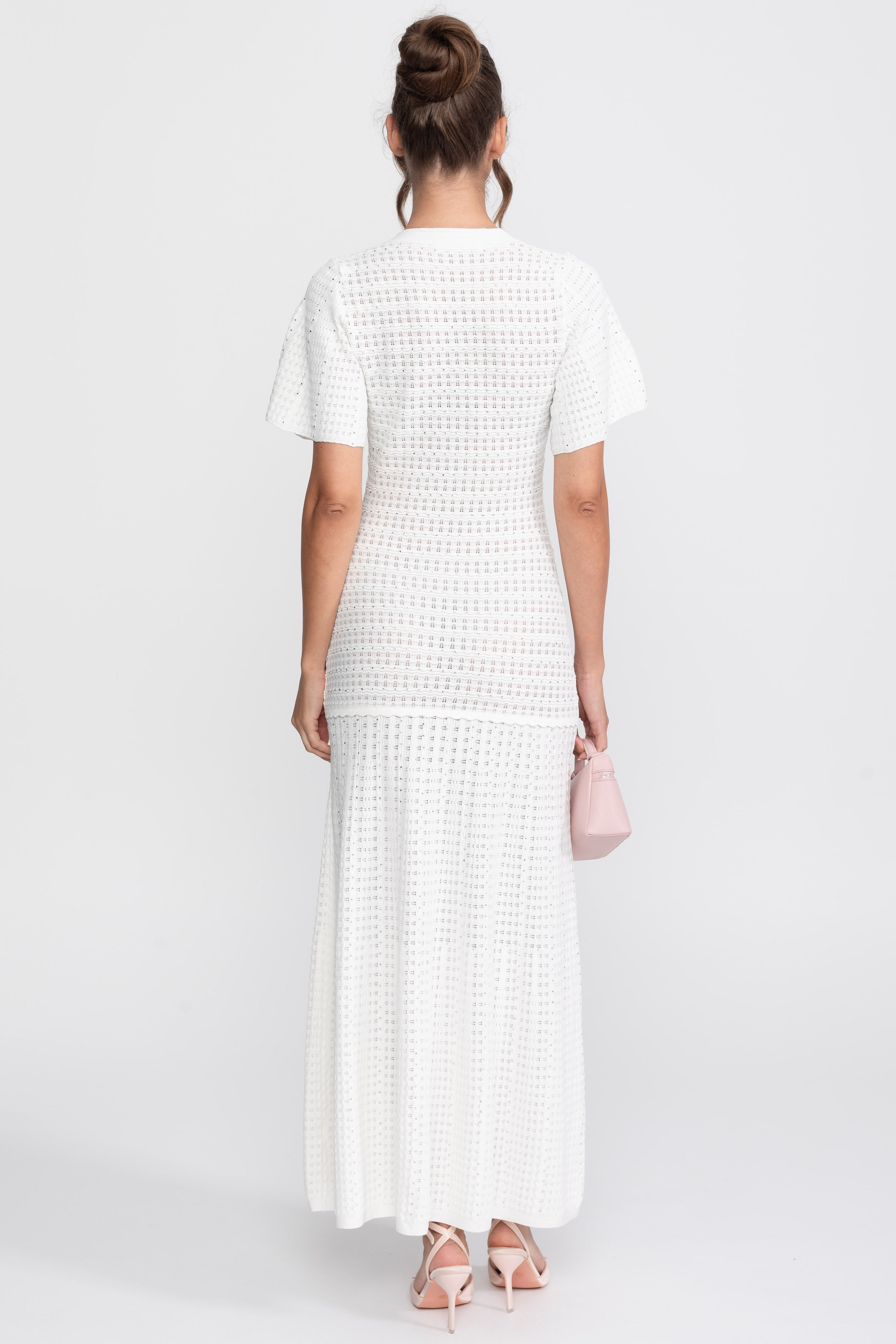 Short Sleeve Midi Dress With Shimmer Knit Texture - White