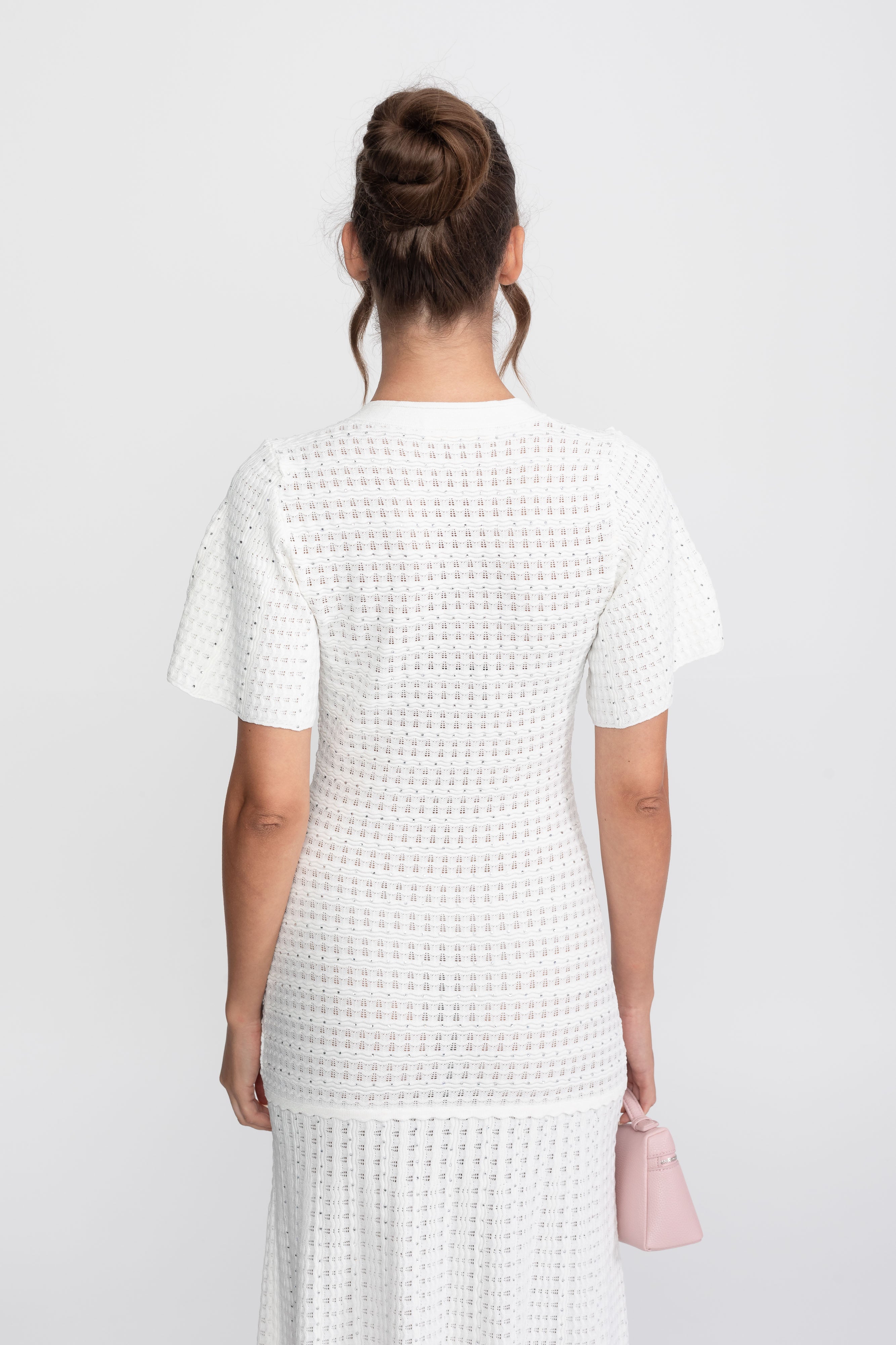 Short Sleeve Midi Dress With Shimmer Knit Texture - White
