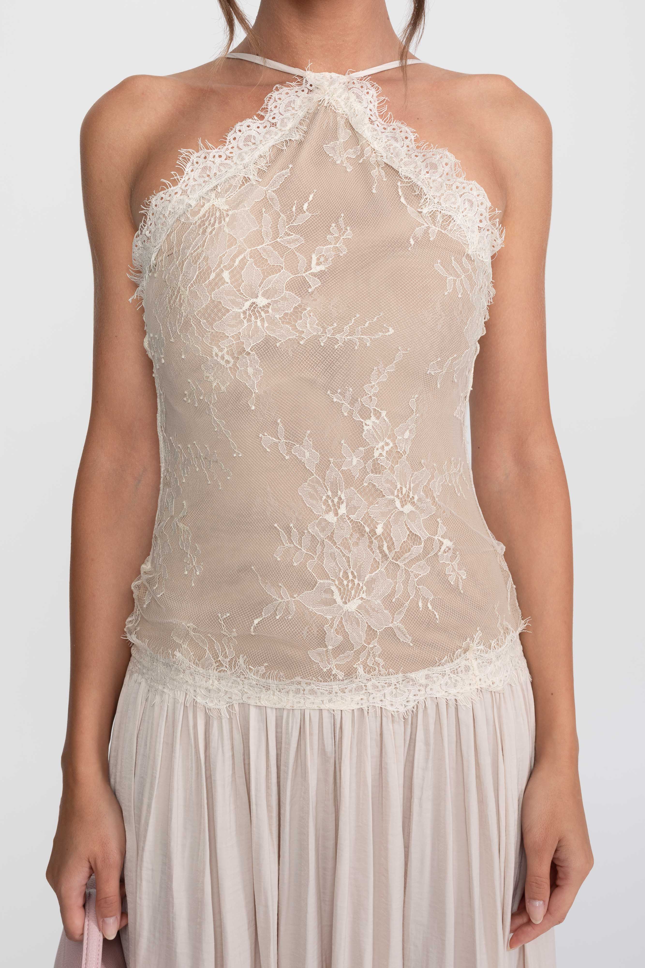 Lace Halter Sleeveless Maxi Dress With Pleated Skirt - Cream