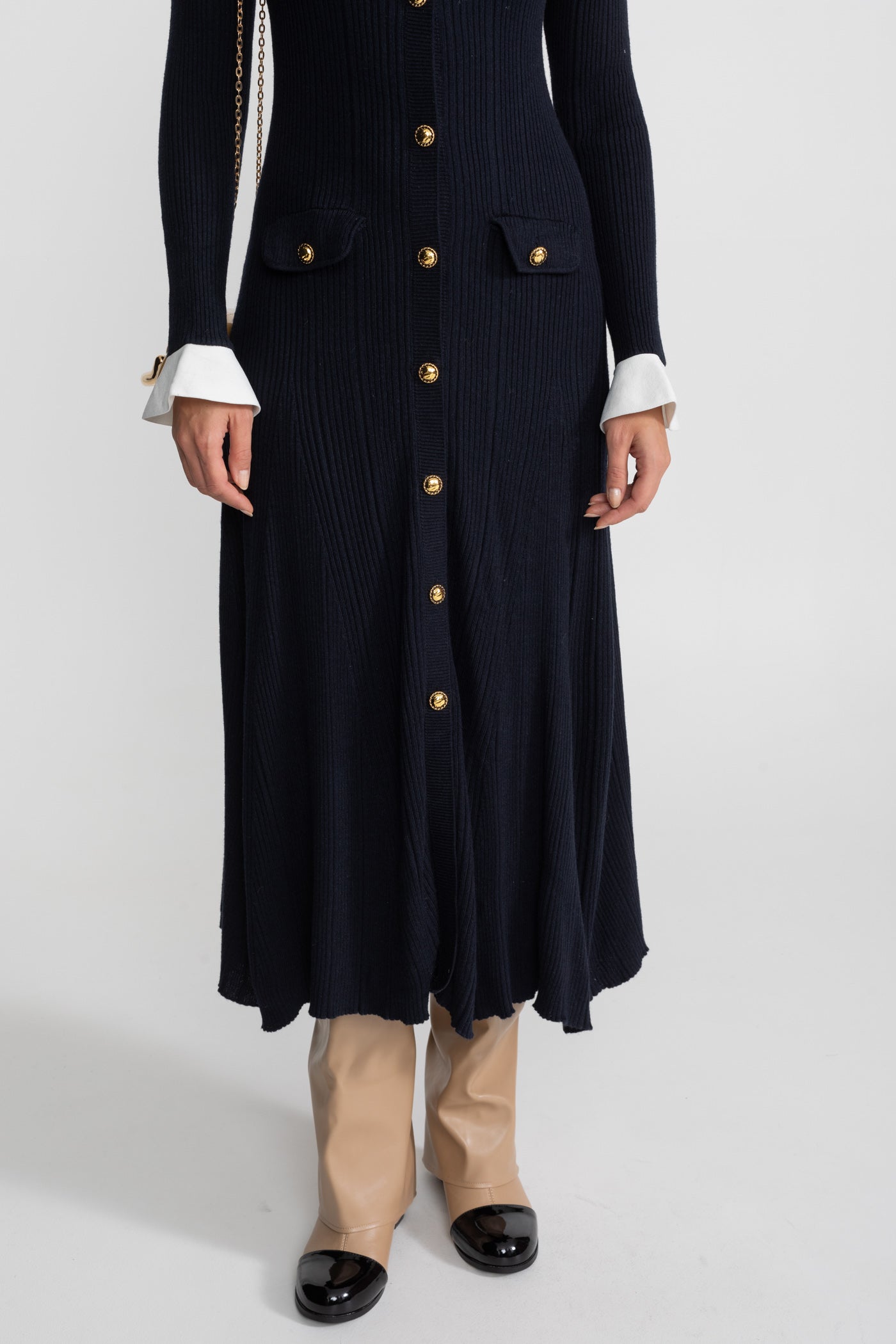Ribbed Knit Midi Dress with Gold Button Fastening - Dark Blue