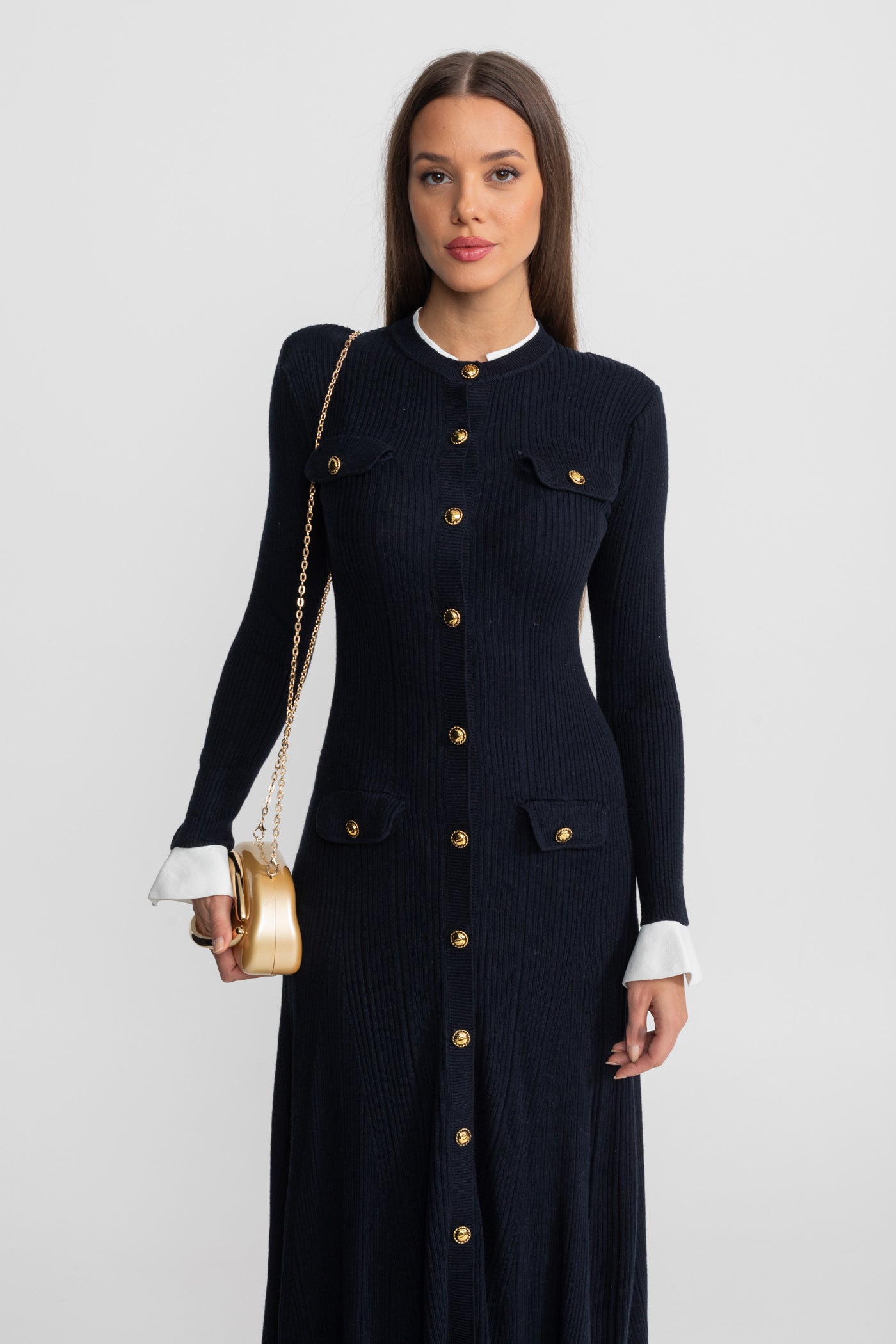Ribbed Knit Midi Dress with Gold Button Fastening - Dark Blue