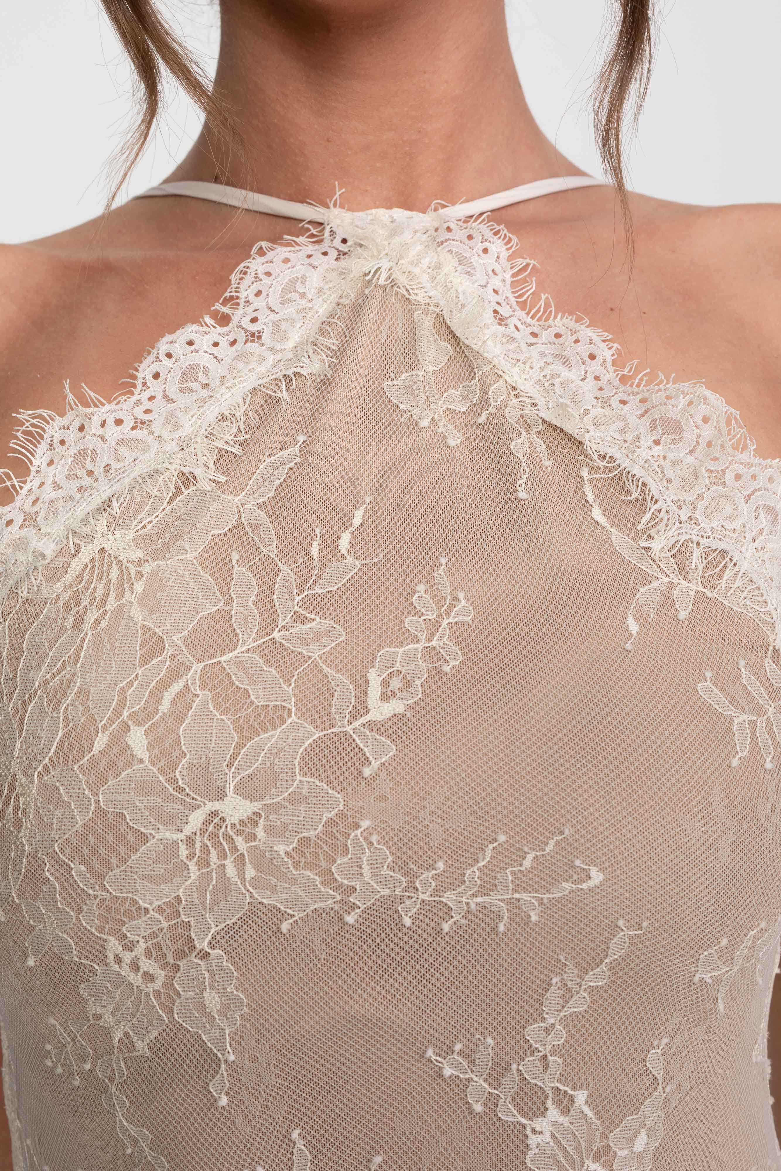 Lace Halter Sleeveless Maxi Dress With Pleated Skirt - Cream