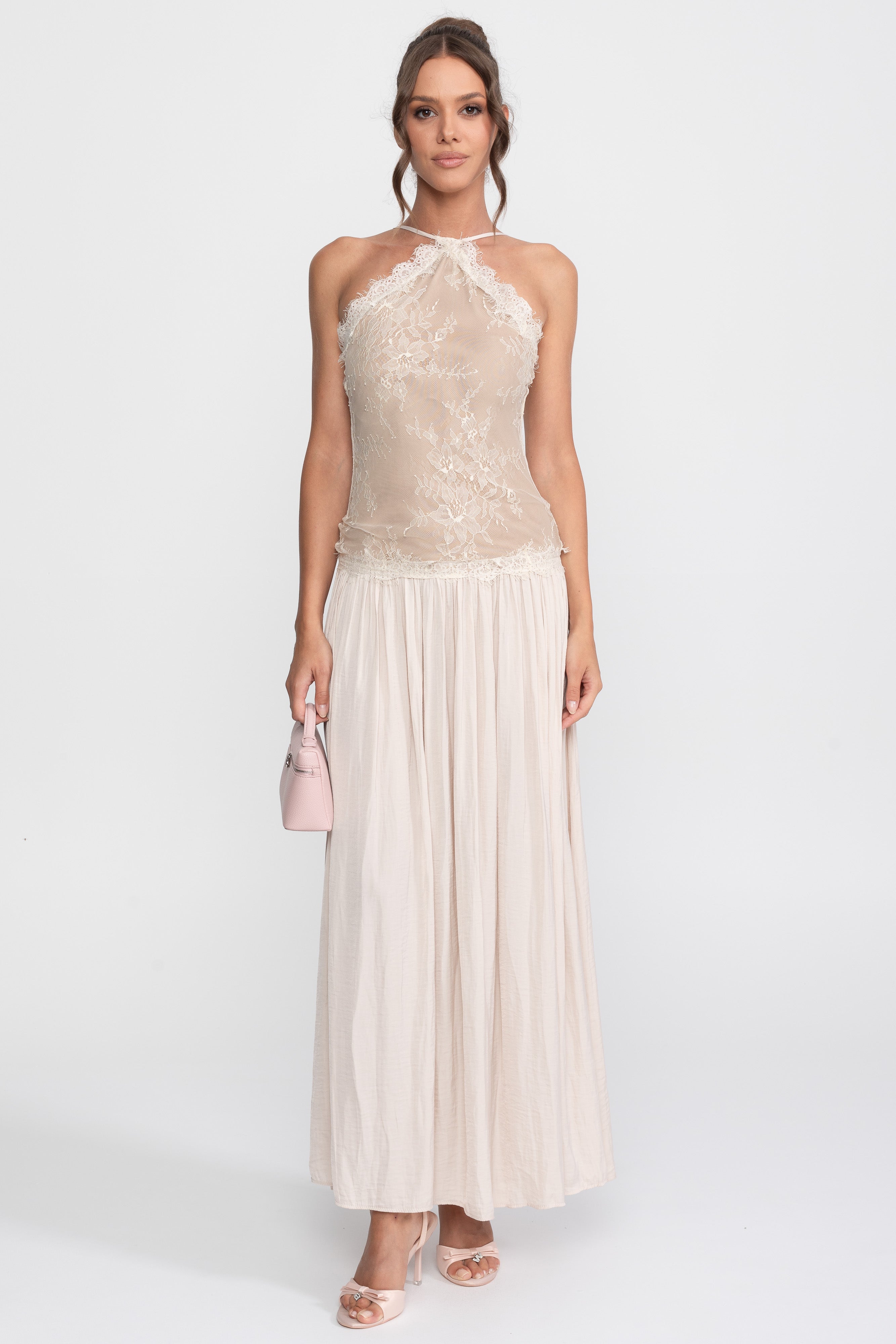 Lace Halter Sleeveless Maxi Dress With Pleated Skirt - Cream
