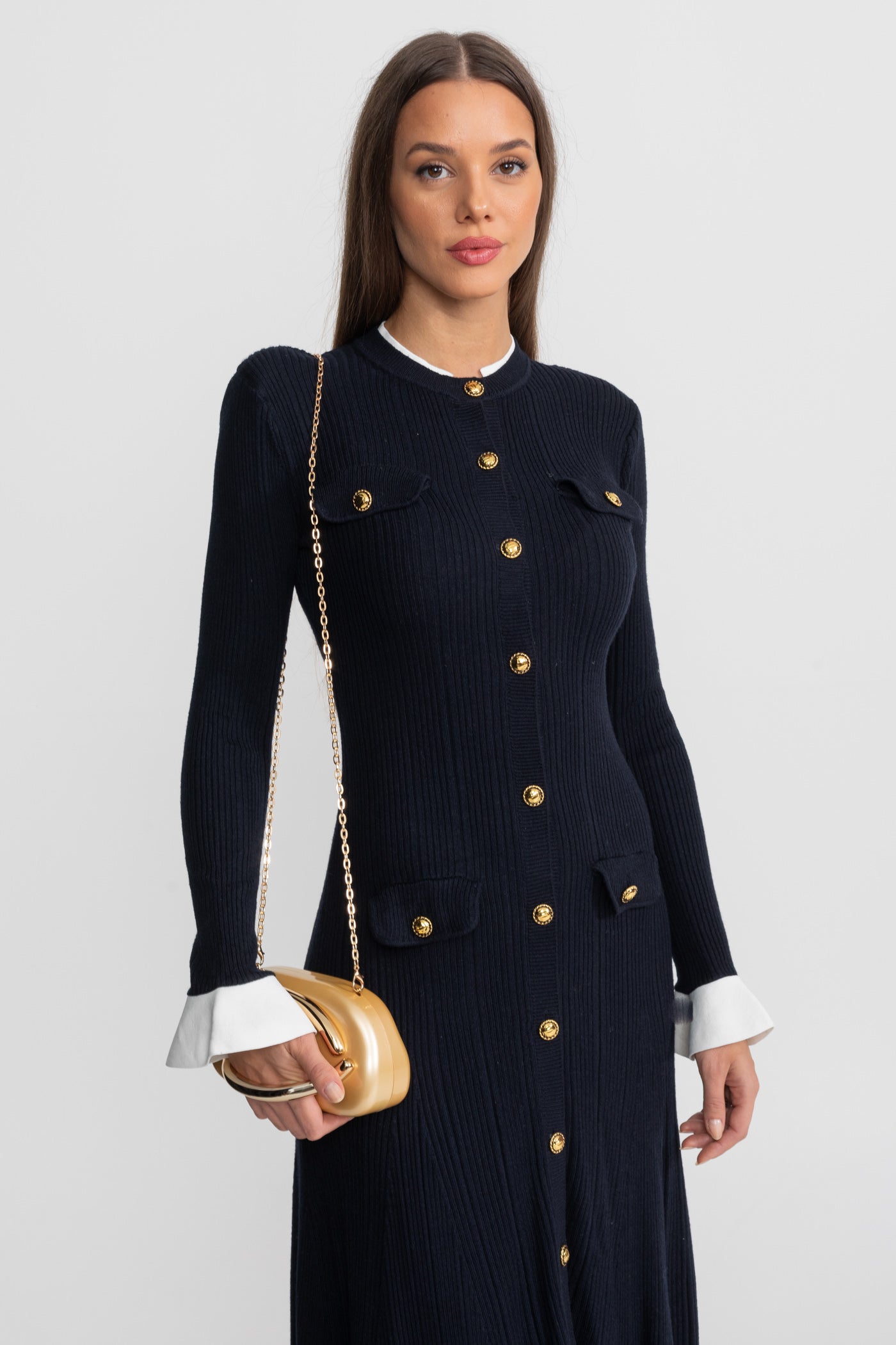 Ribbed Knit Midi Dress with Gold Button Fastening - Dark Blue
