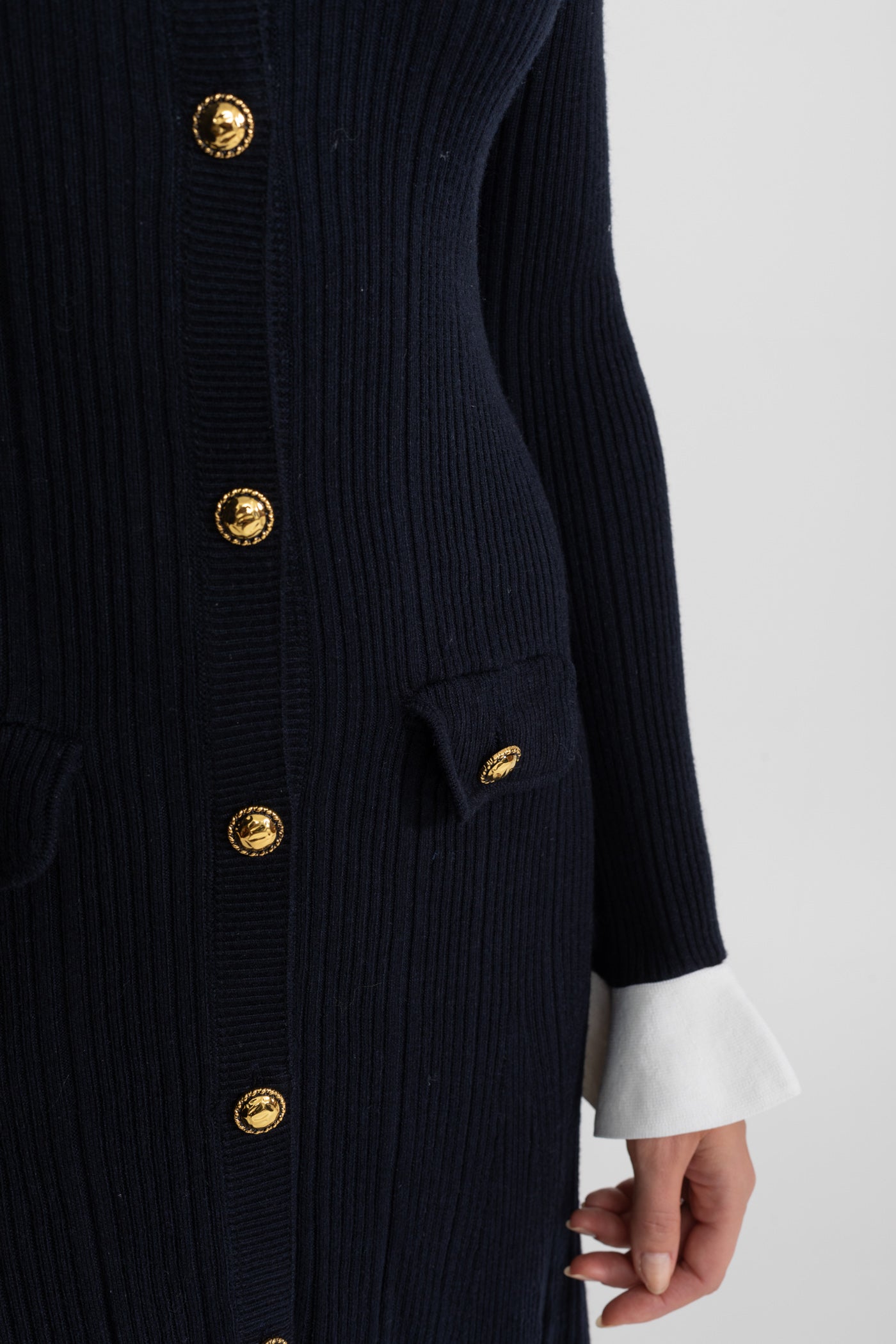 Ribbed Knit Midi Dress with Gold Button Fastening - Dark Blue