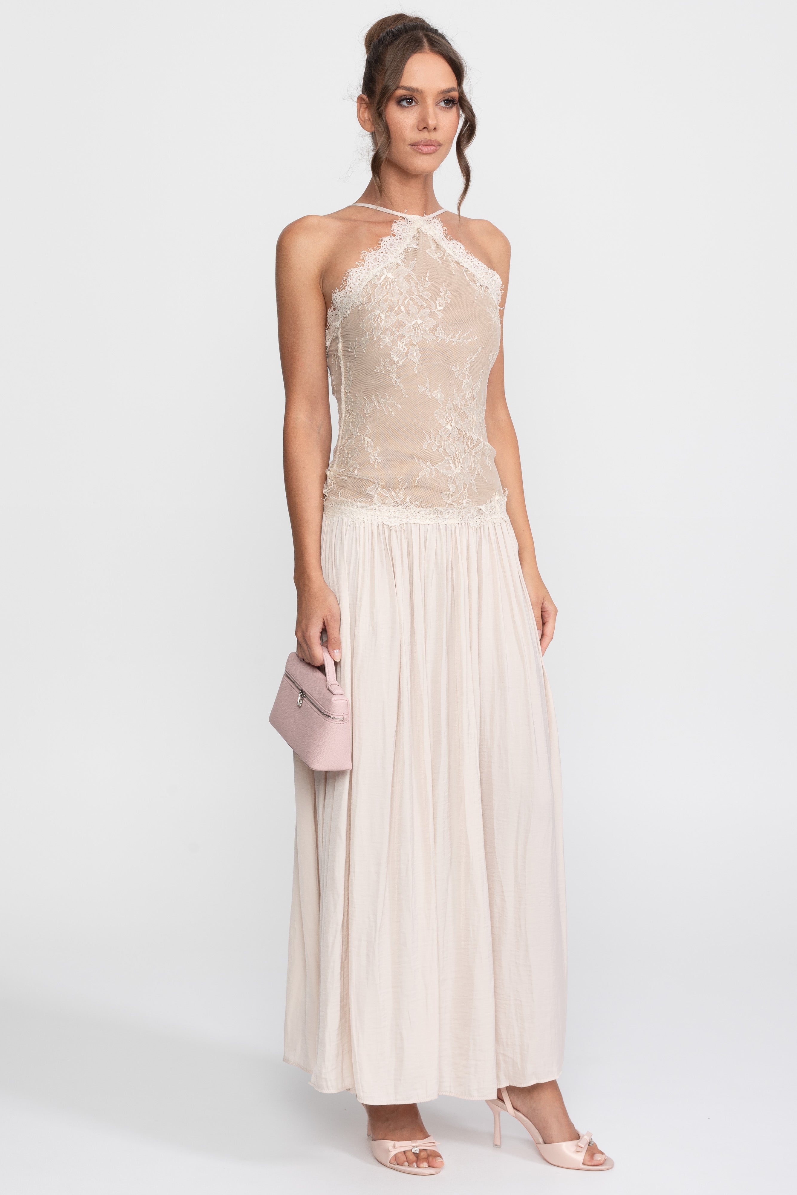 Lace Halter Sleeveless Maxi Dress With Pleated Skirt - Cream