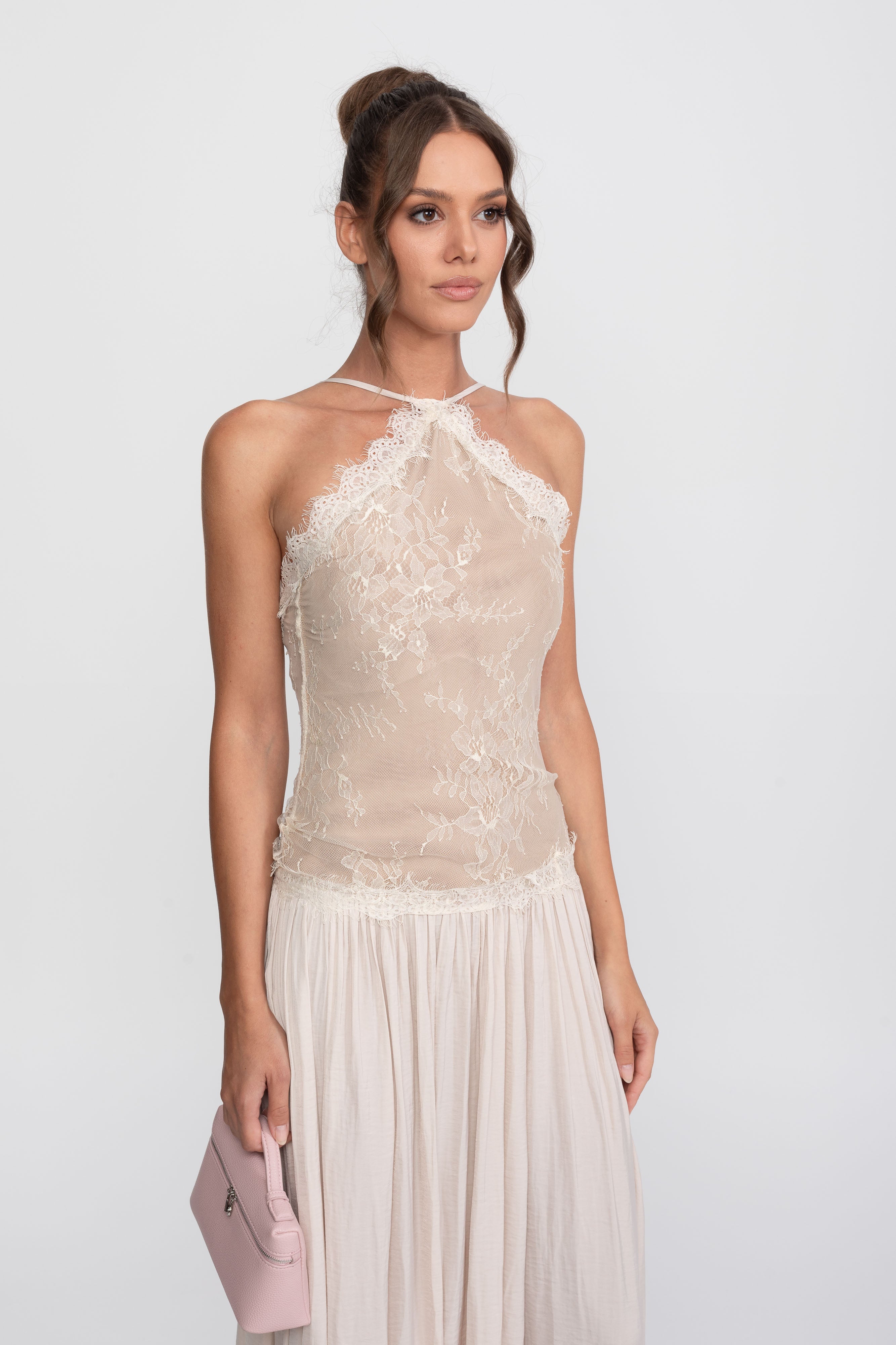 Lace Halter Sleeveless Maxi Dress With Pleated Skirt - Cream