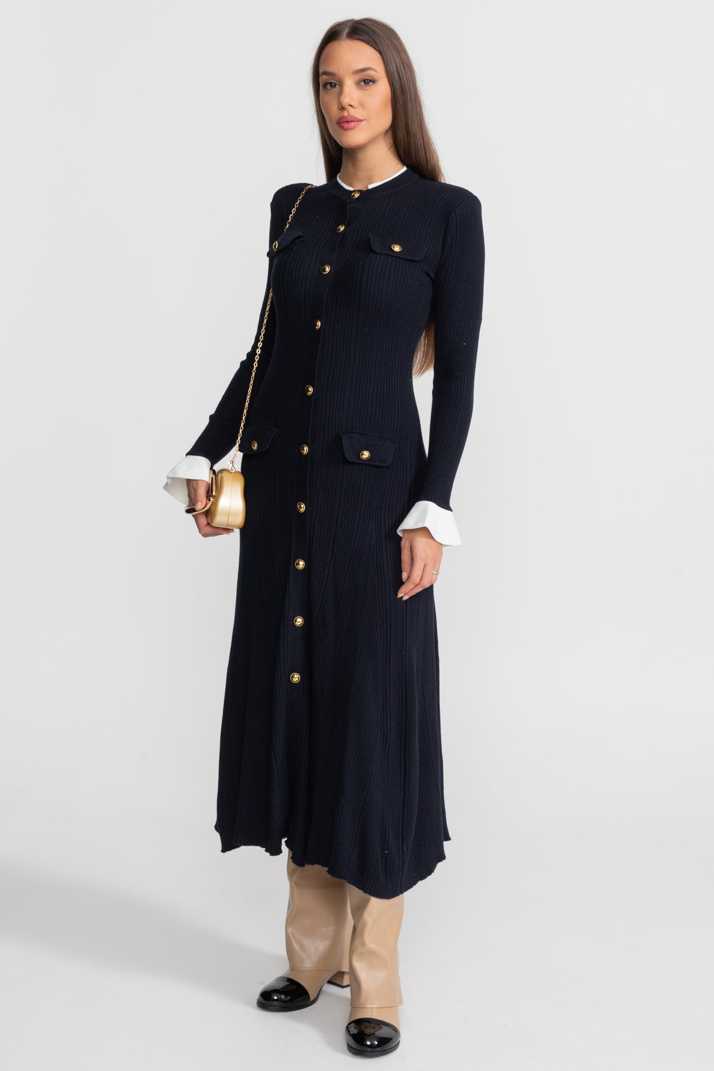 Ribbed Knit Midi Dress with Gold Button Fastening - Dark Blue