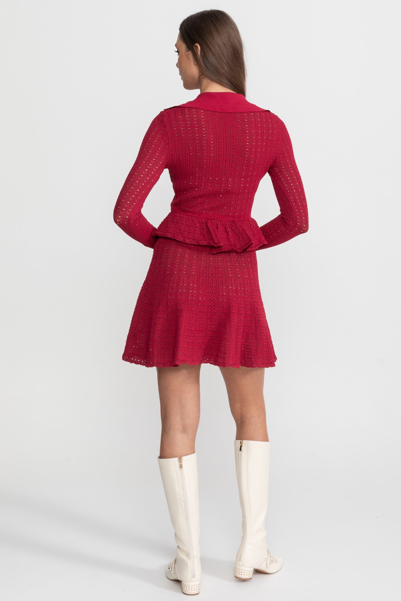 Pointelle Knit Mini Dress with Peplum Hem – Dark Red
