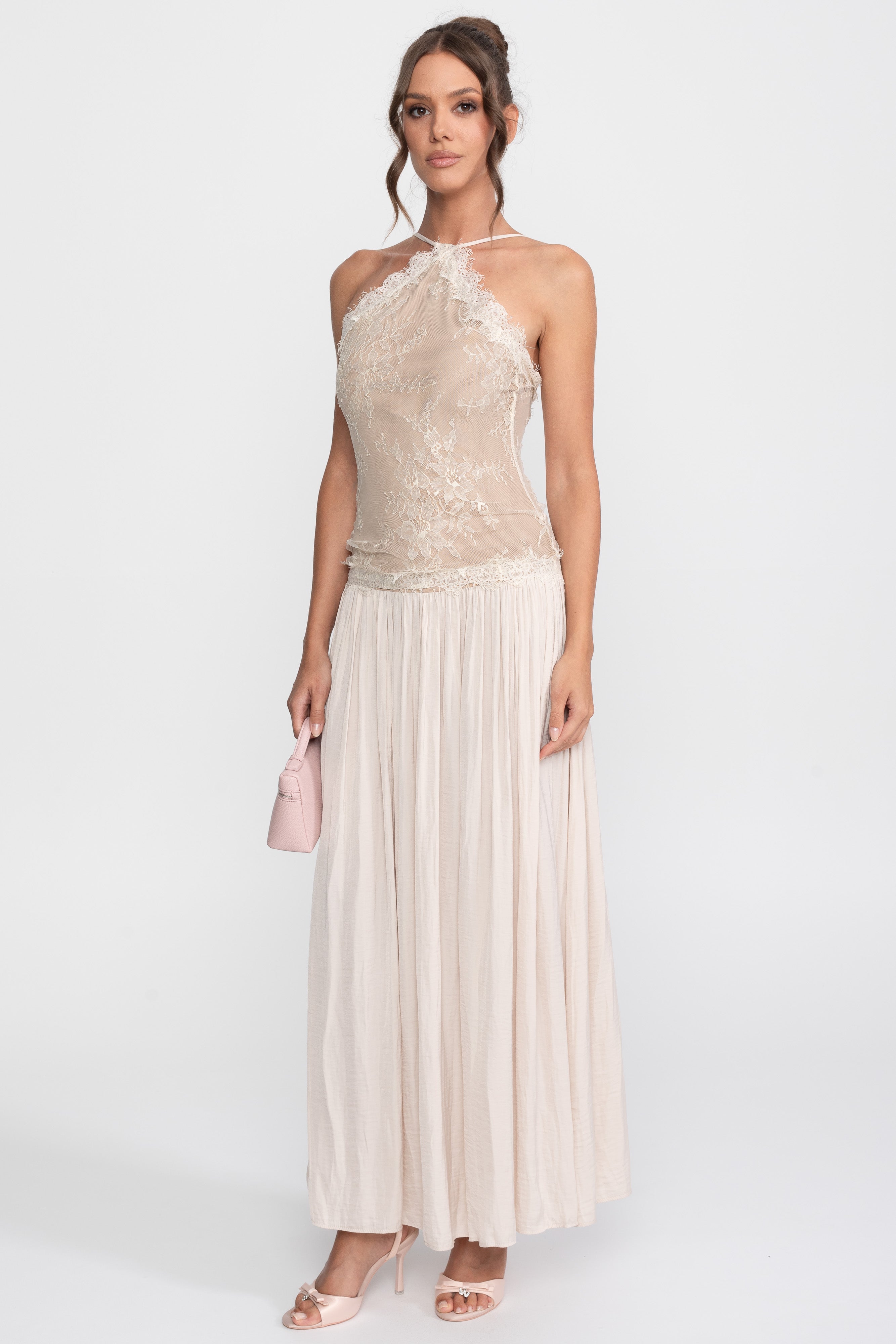 Lace Halter Sleeveless Maxi Dress With Pleated Skirt - Cream