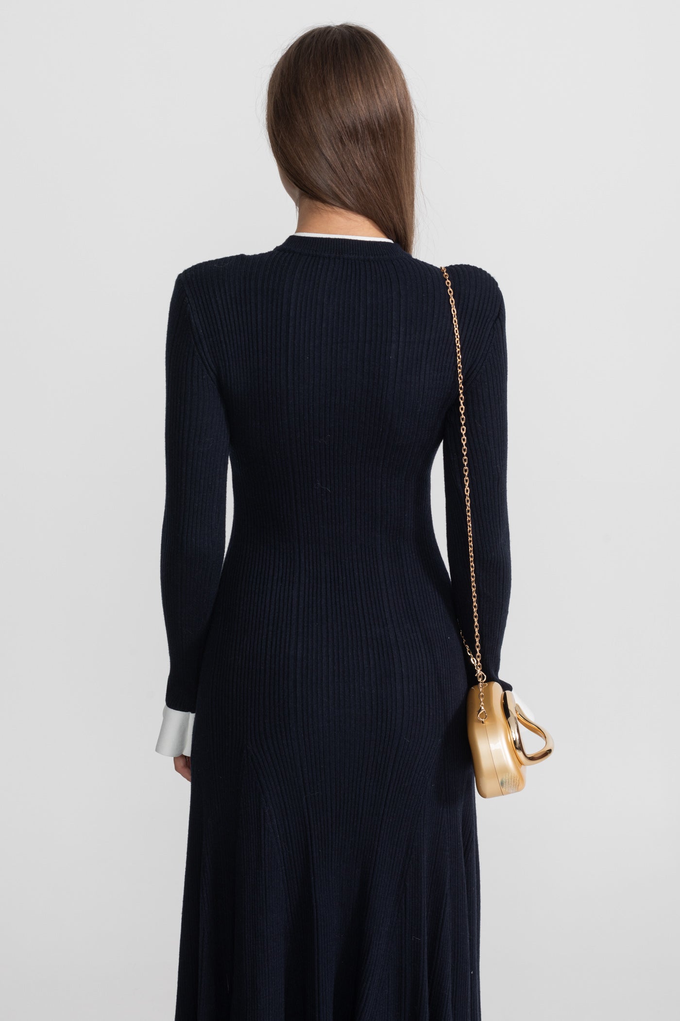 Ribbed Knit Midi Dress with Gold Button Fastening - Dark Blue