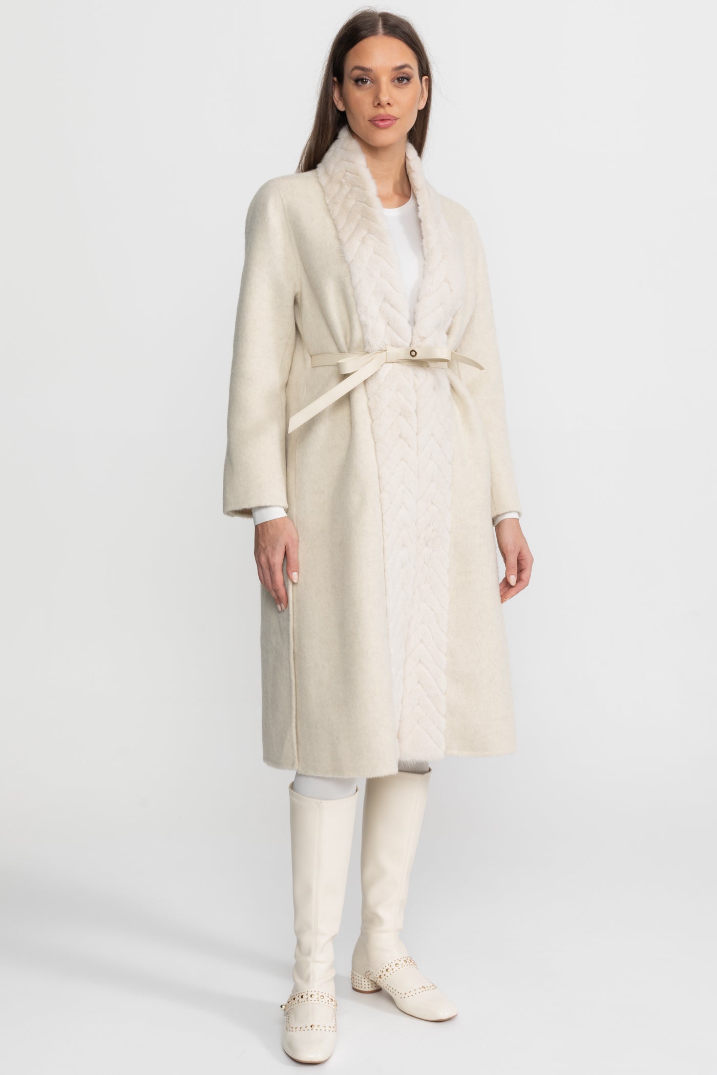 Wool Blend Belted Coat with Textured Sable Fur Panel – Ivoire