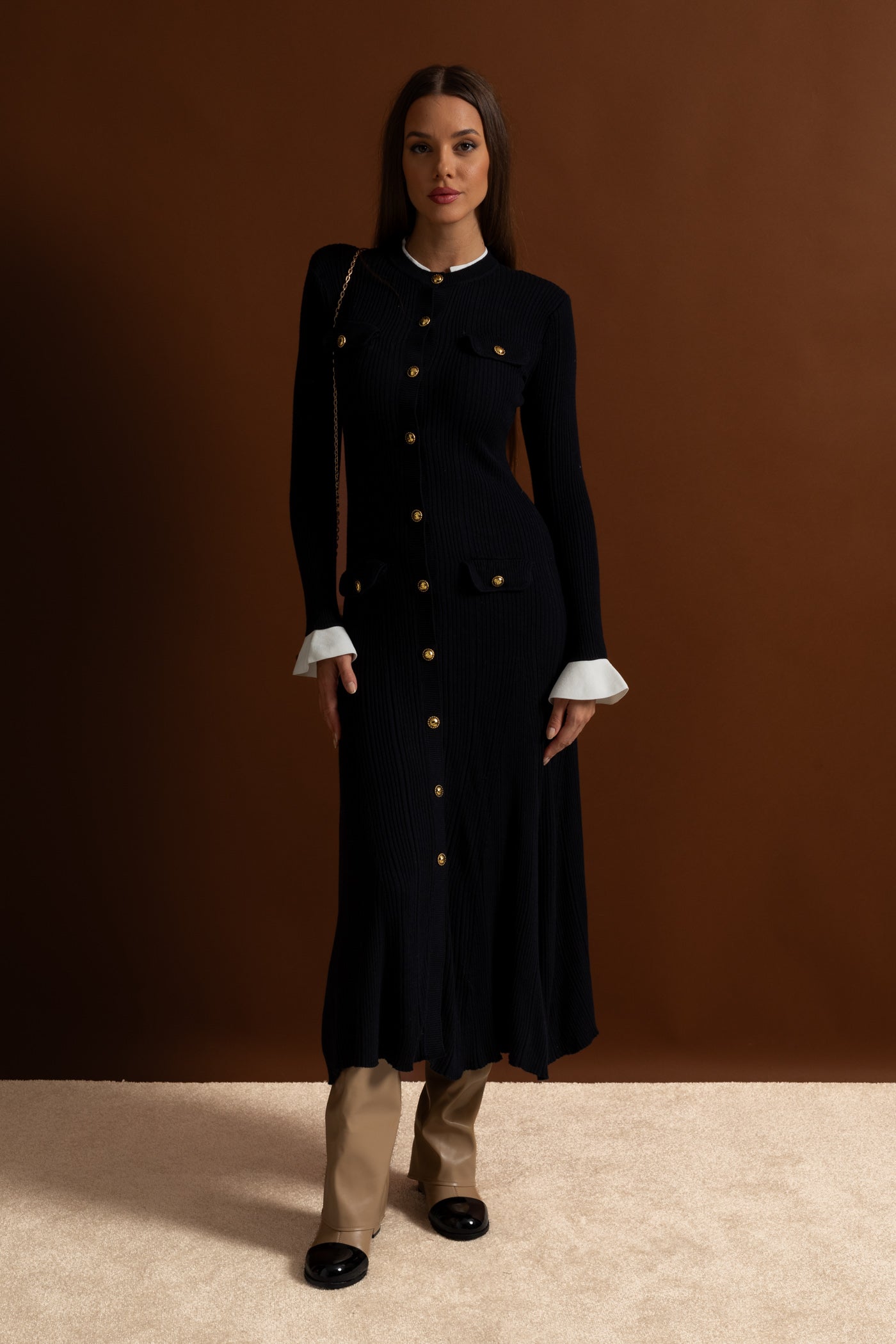 Ribbed Knit Midi Dress with Gold Button Fastening - Dark Blue