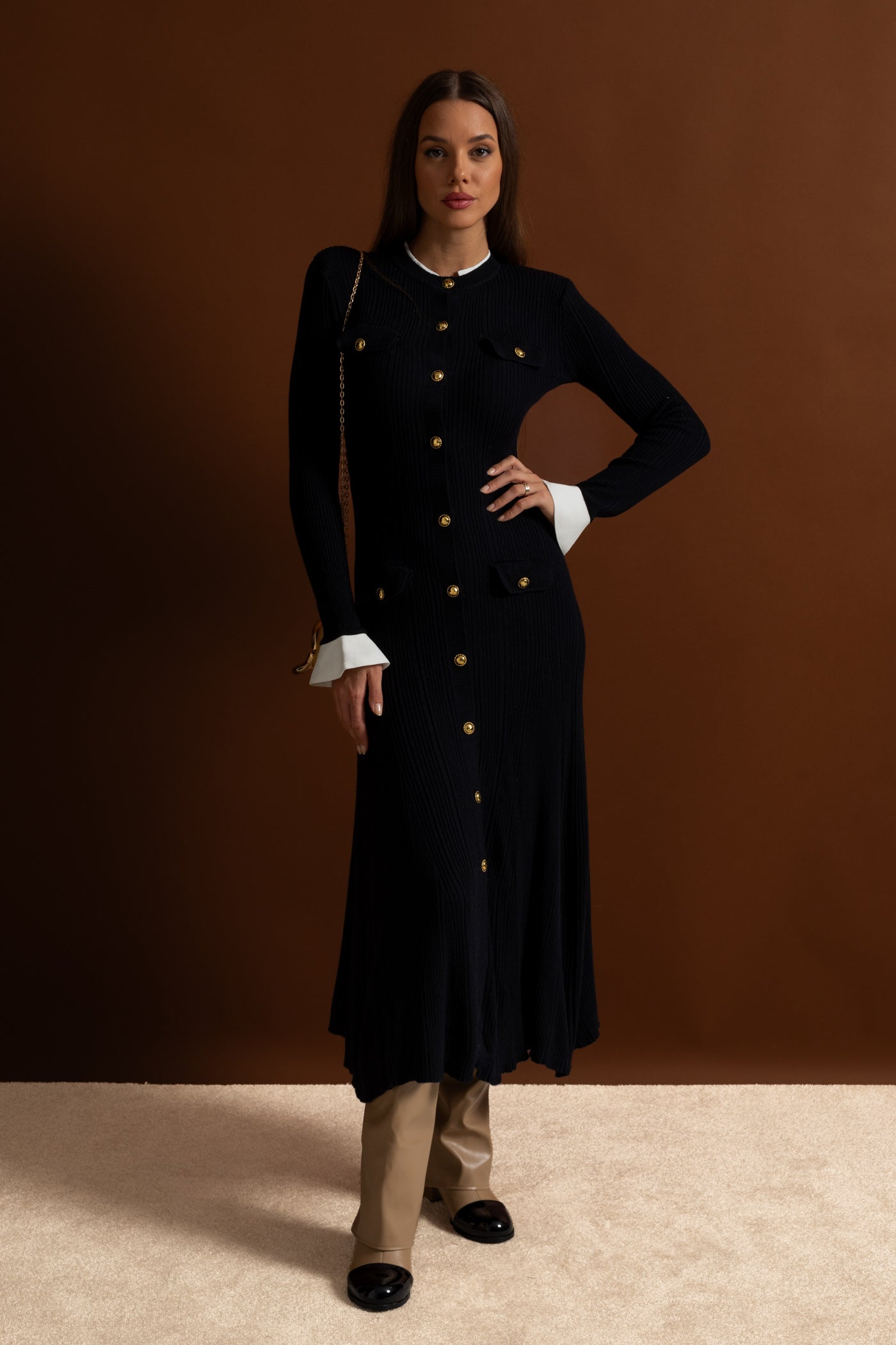 Ribbed Knit Midi Dress with Gold Button Fastening - Dark Blue