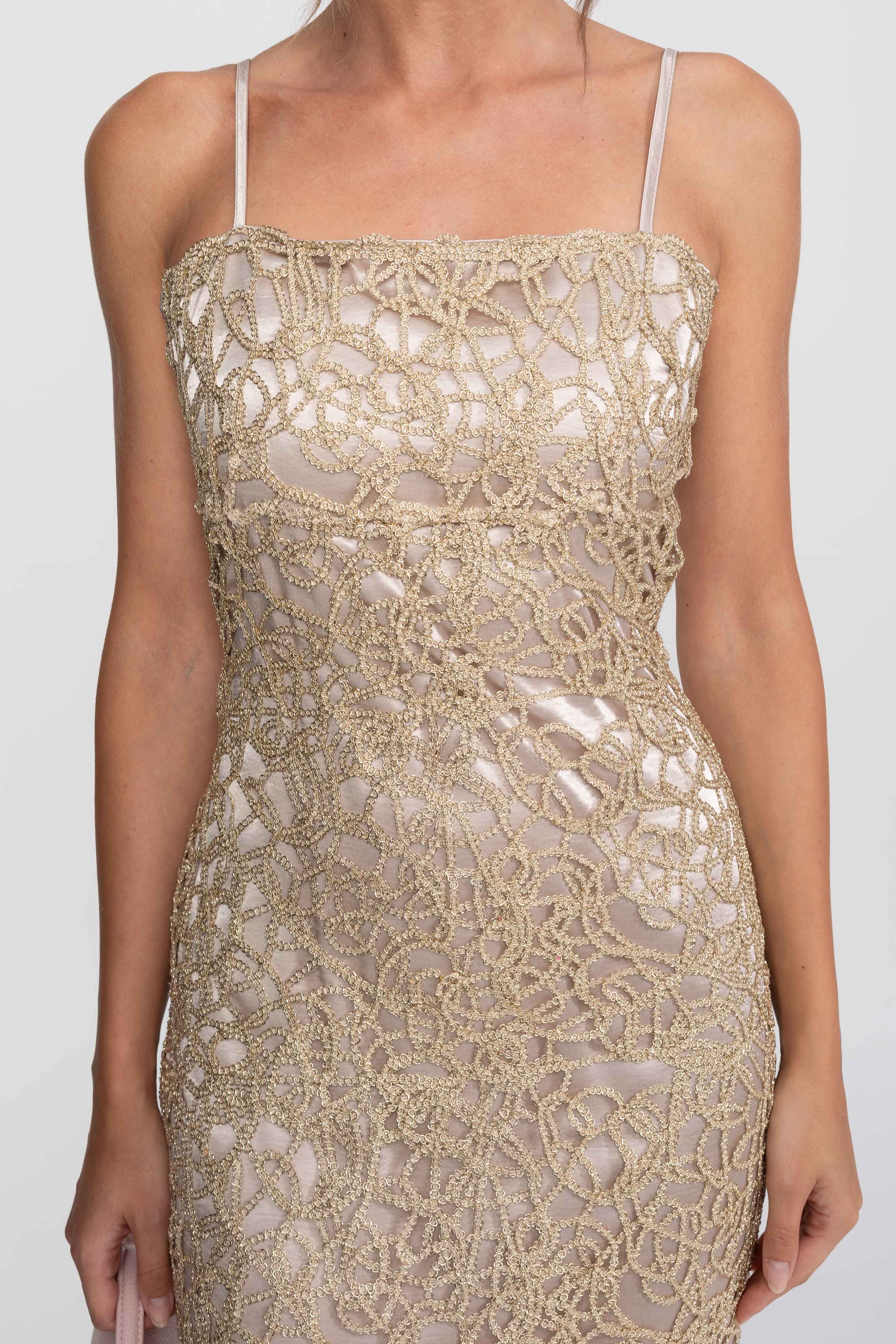 Metallic Lace Sheath Dress With Square Neck - Gold