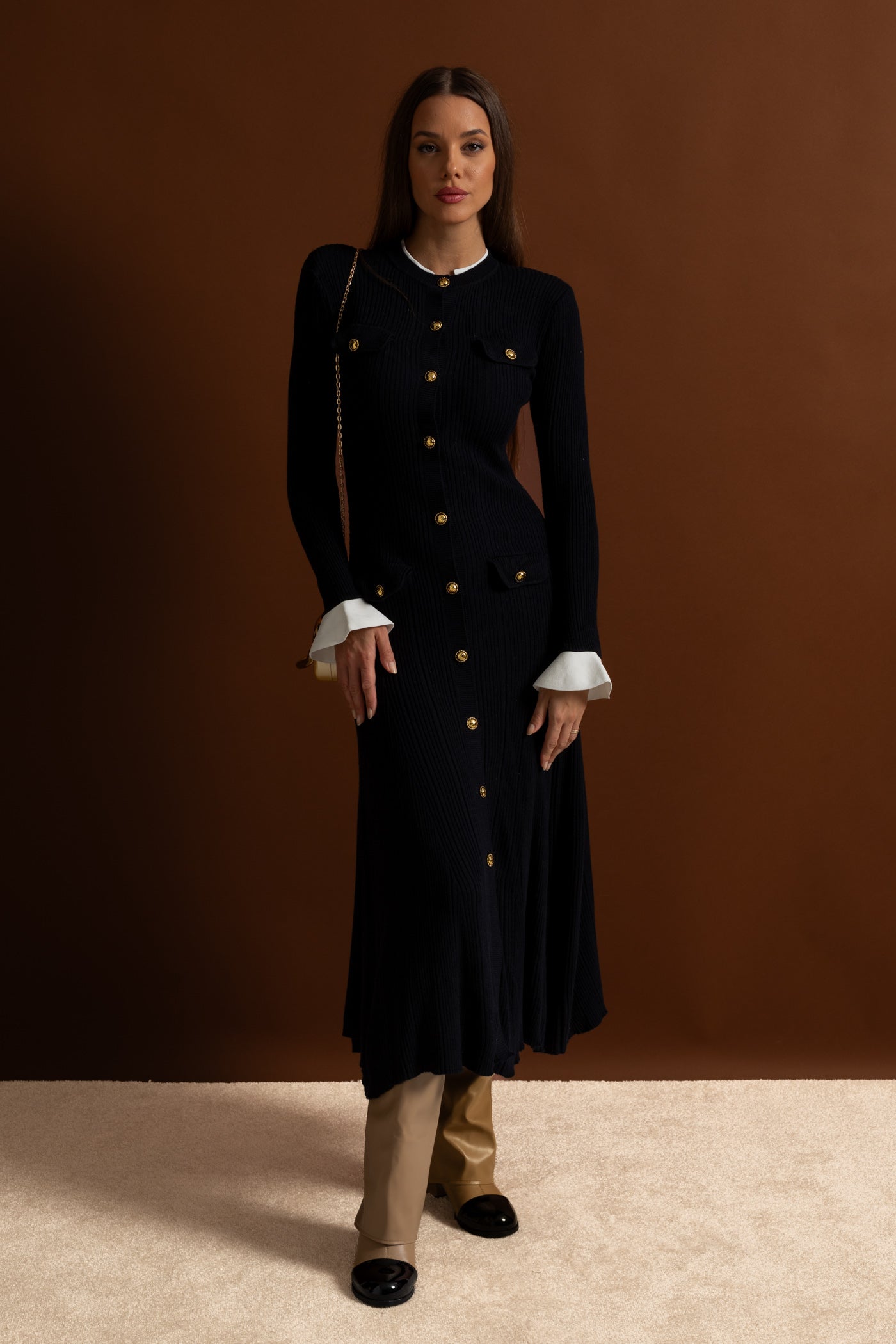 Ribbed Knit Midi Dress with Gold Button Fastening - Dark Blue
