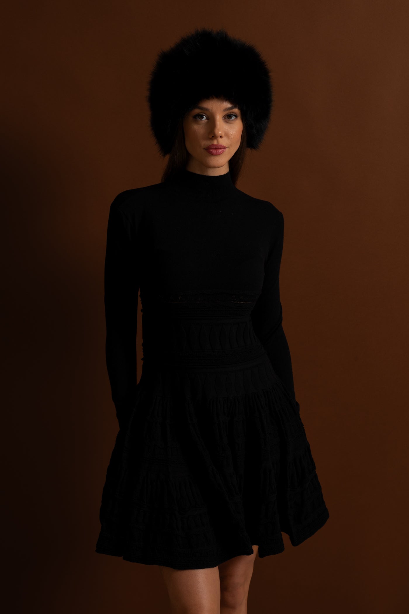 Textured Knit Mini Dress with Flared Skirt - Black
