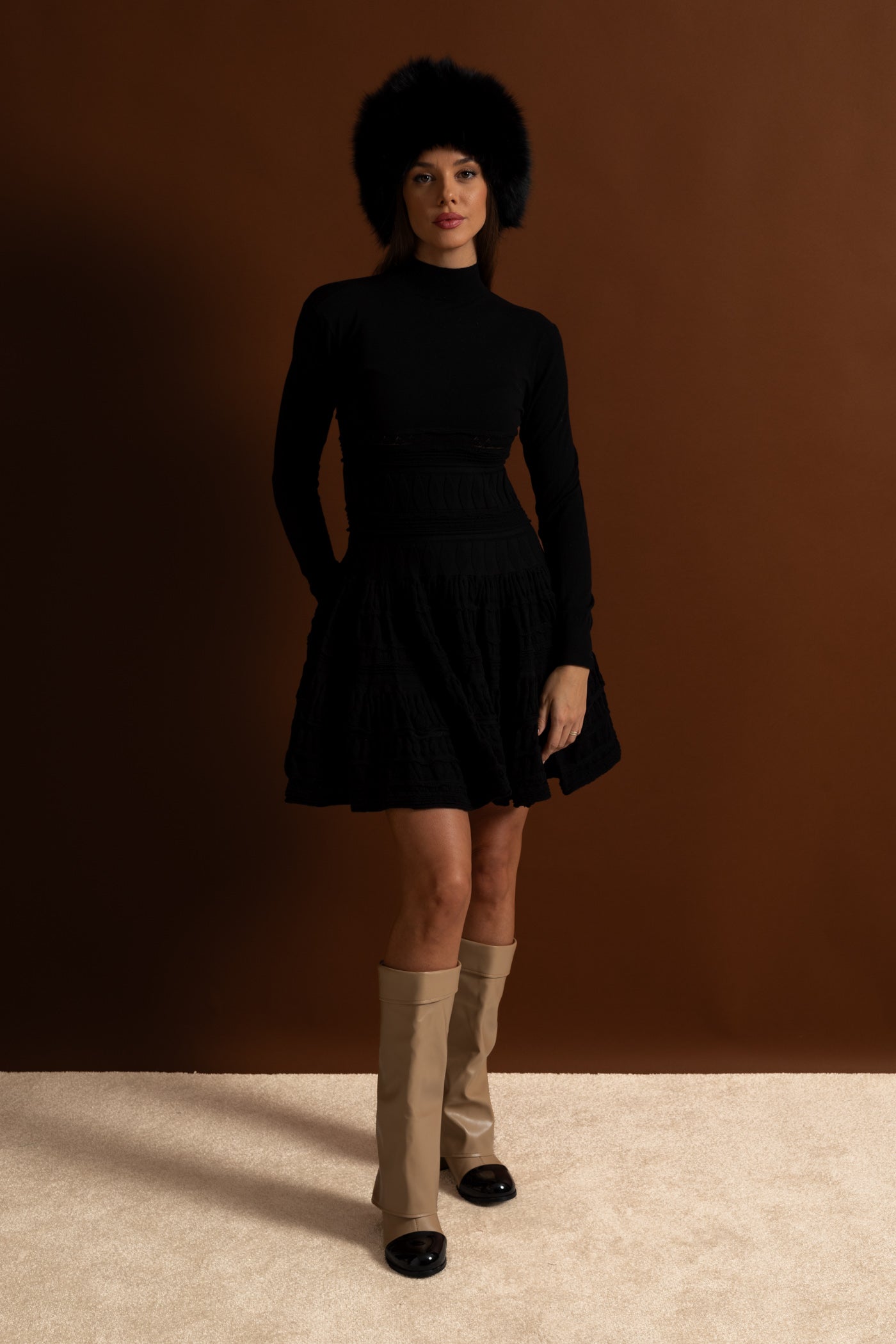 Textured Knit Mini Dress with Flared Skirt - Black