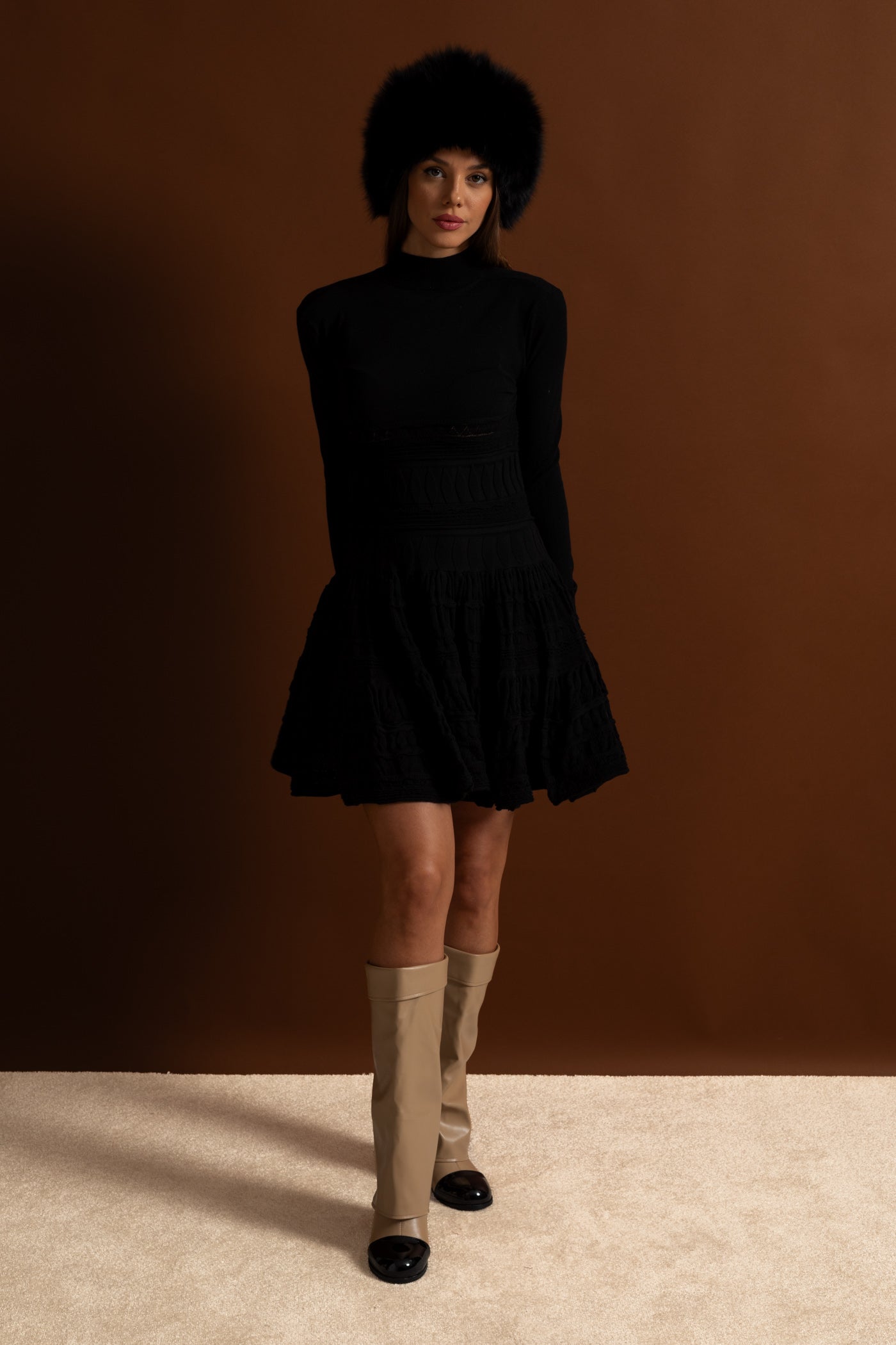 Textured Knit Mini Dress with Flared Skirt - Black