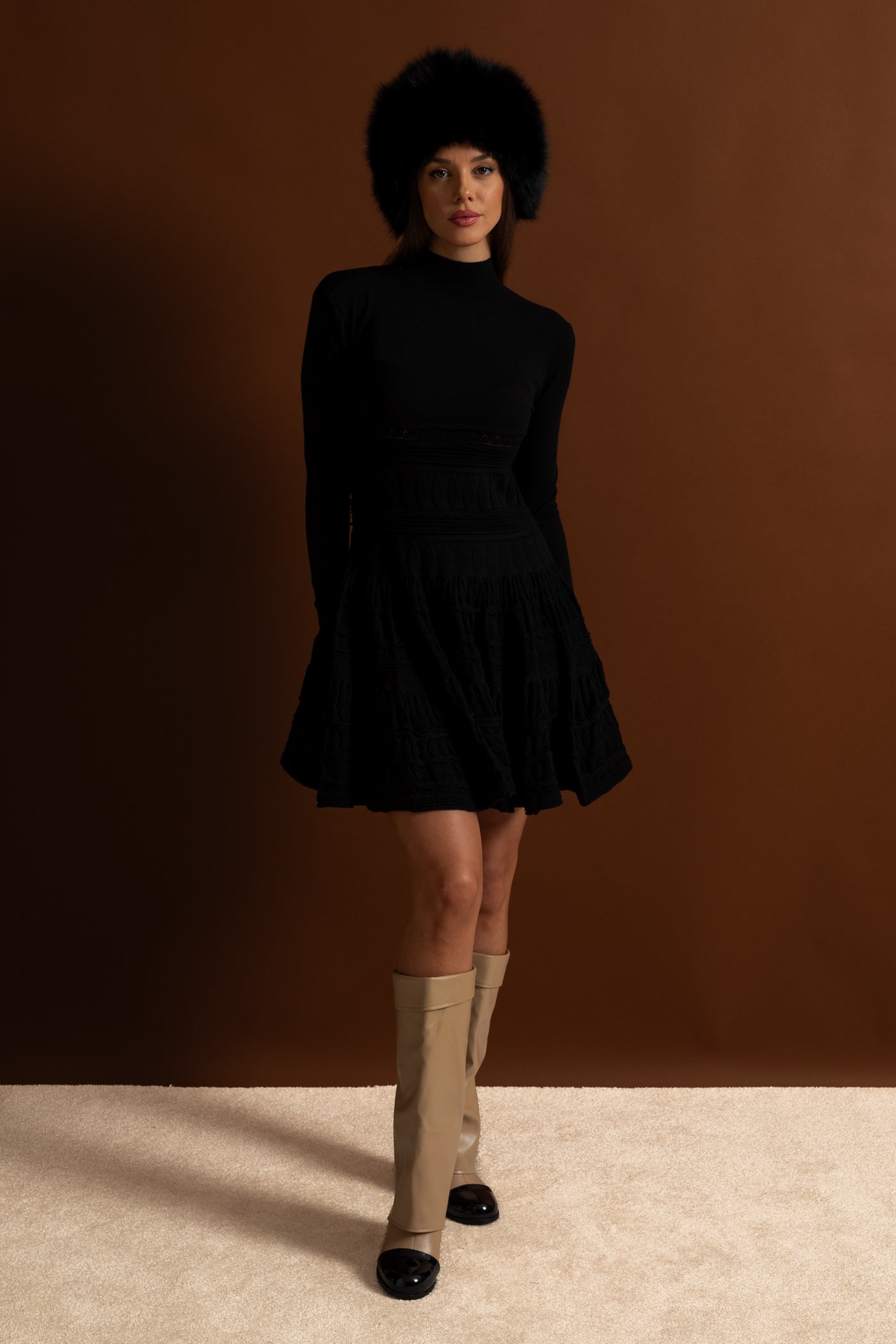 Textured Knit Mini Dress with Flared Skirt - Black