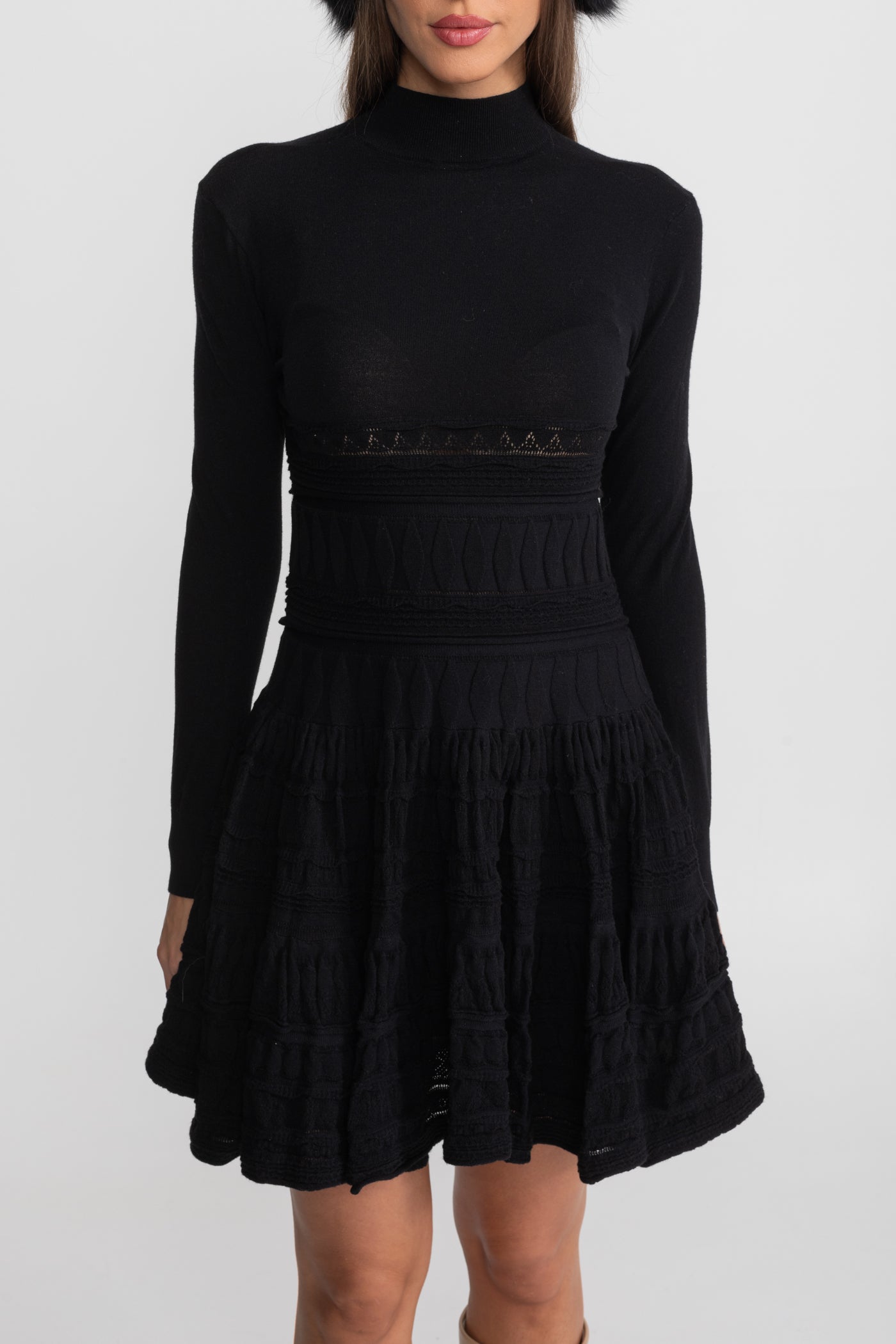 Textured Knit Mini Dress with Flared Skirt - Black