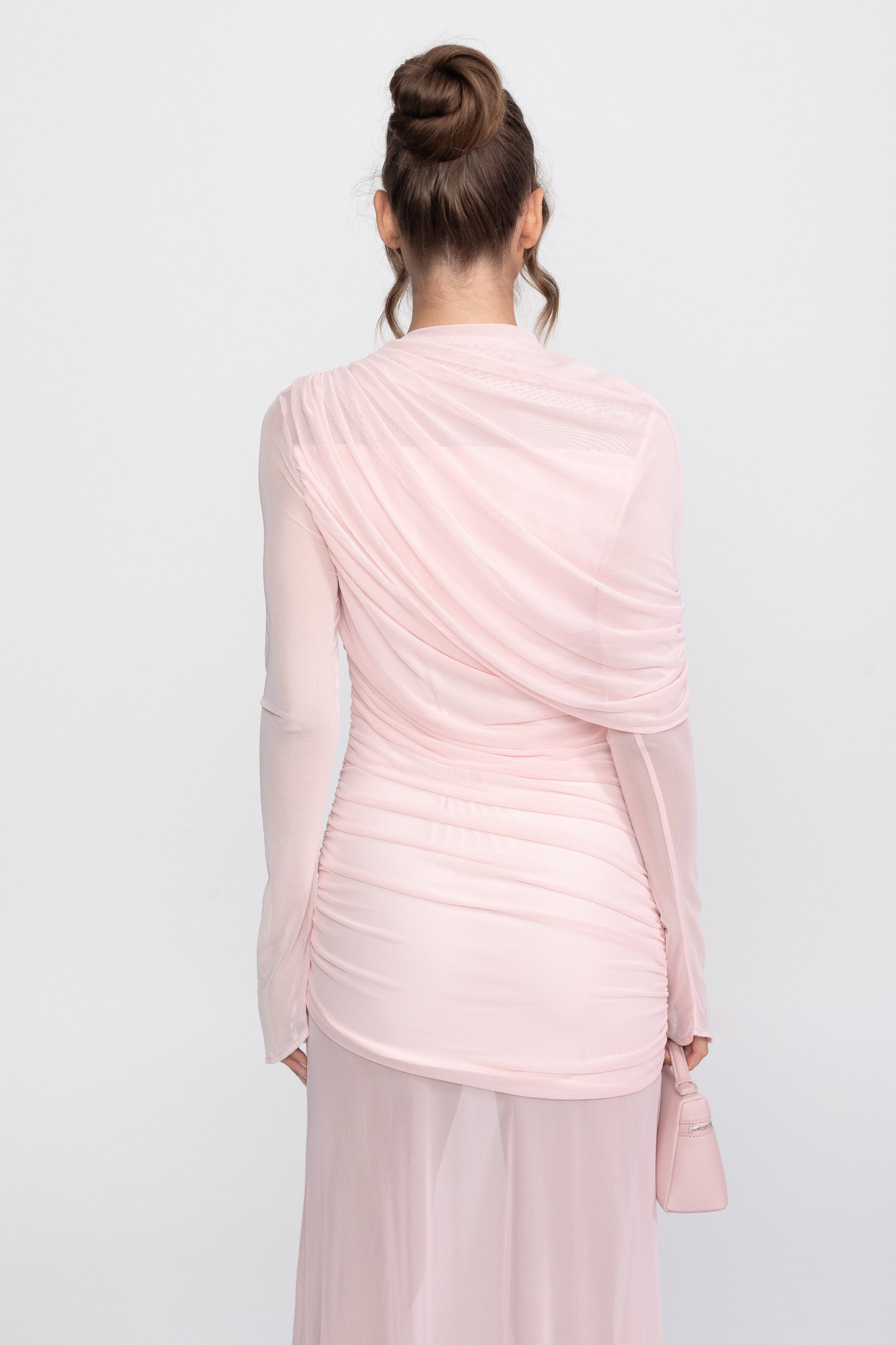 Draped Shoulder Maxi Dress With Sheer Skirt - Pink