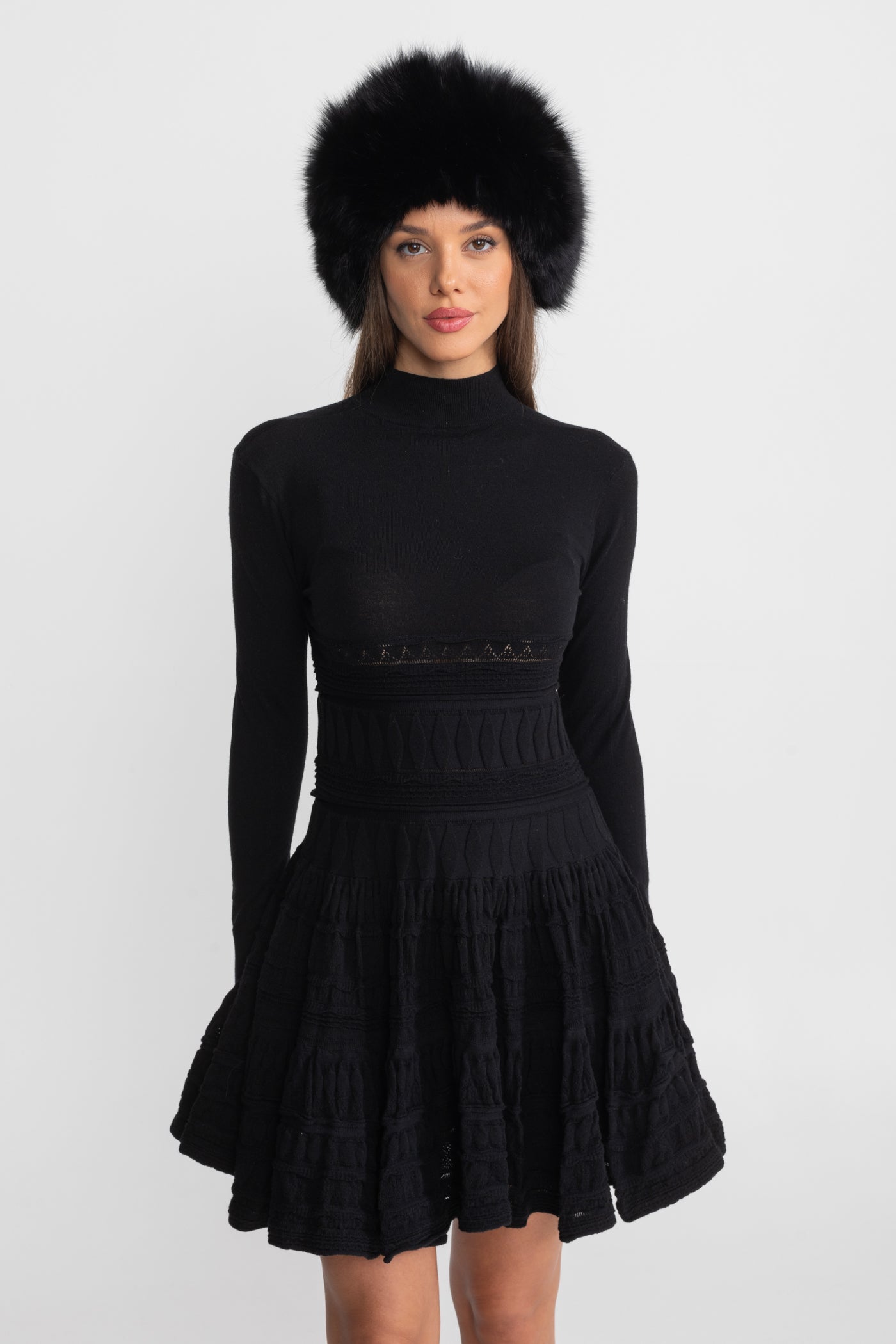Textured Knit Mini Dress with Flared Skirt - Black