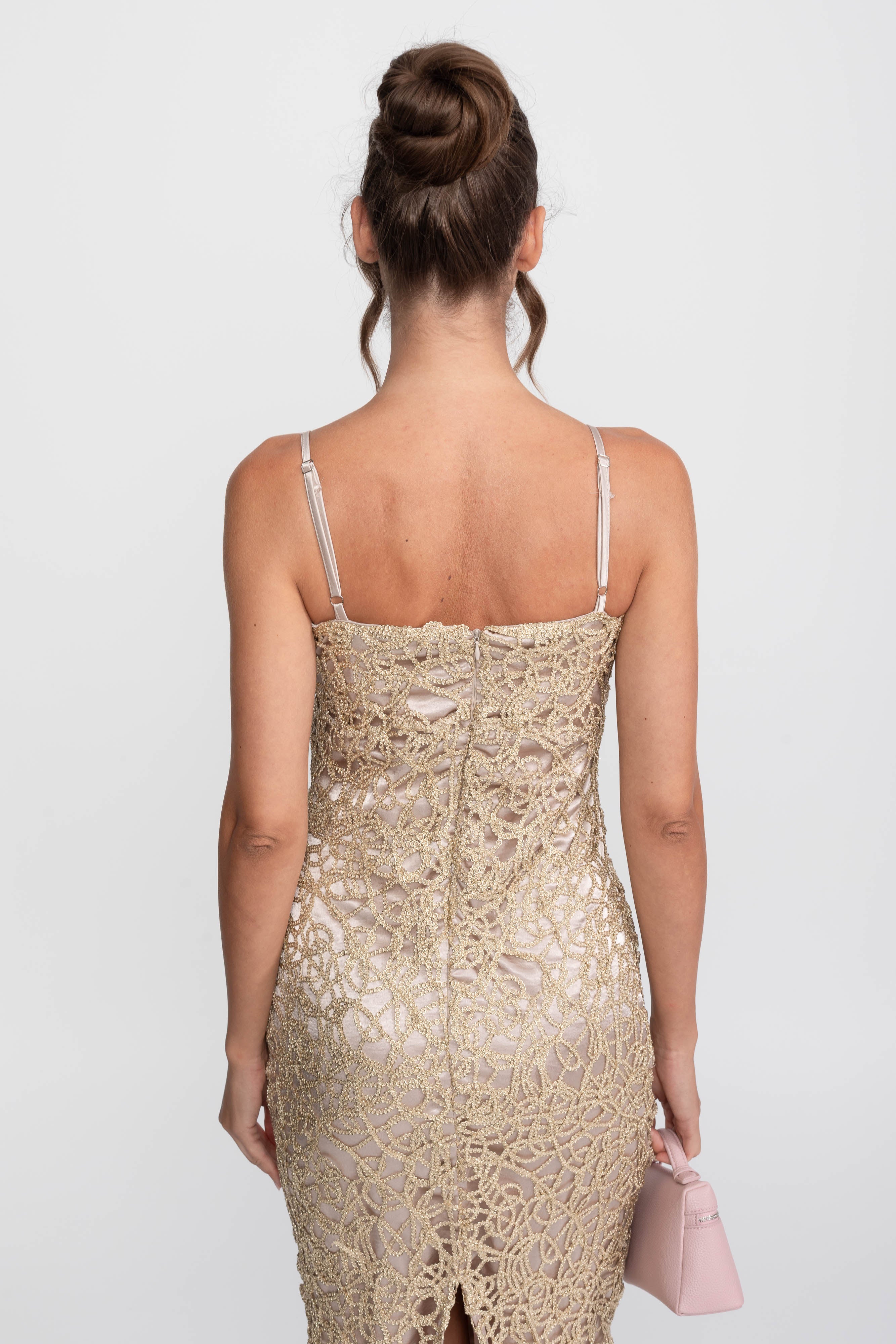 Metallic Lace Sheath Dress With Square Neck - Gold