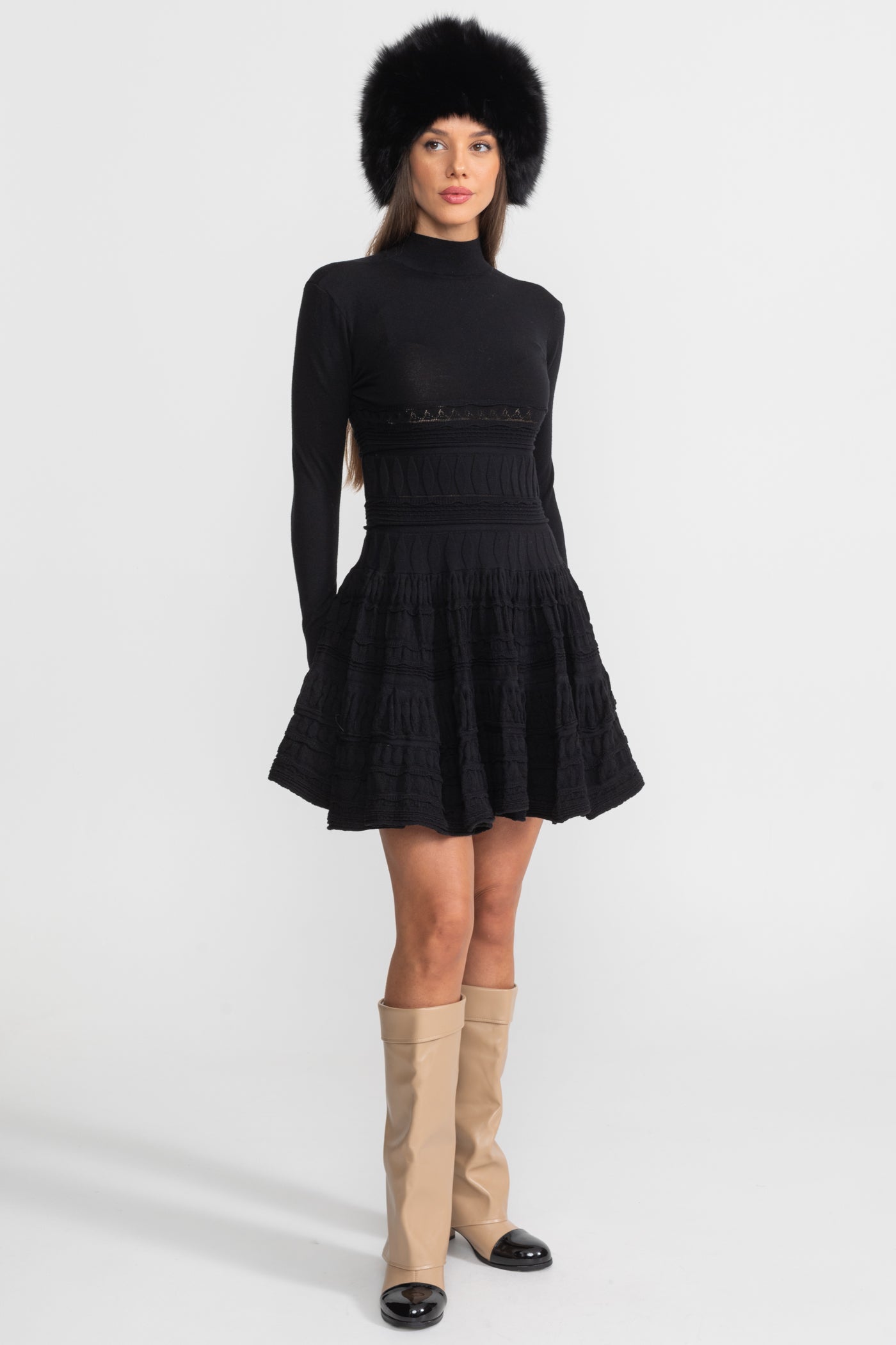 Textured Knit Mini Dress with Flared Skirt - Black