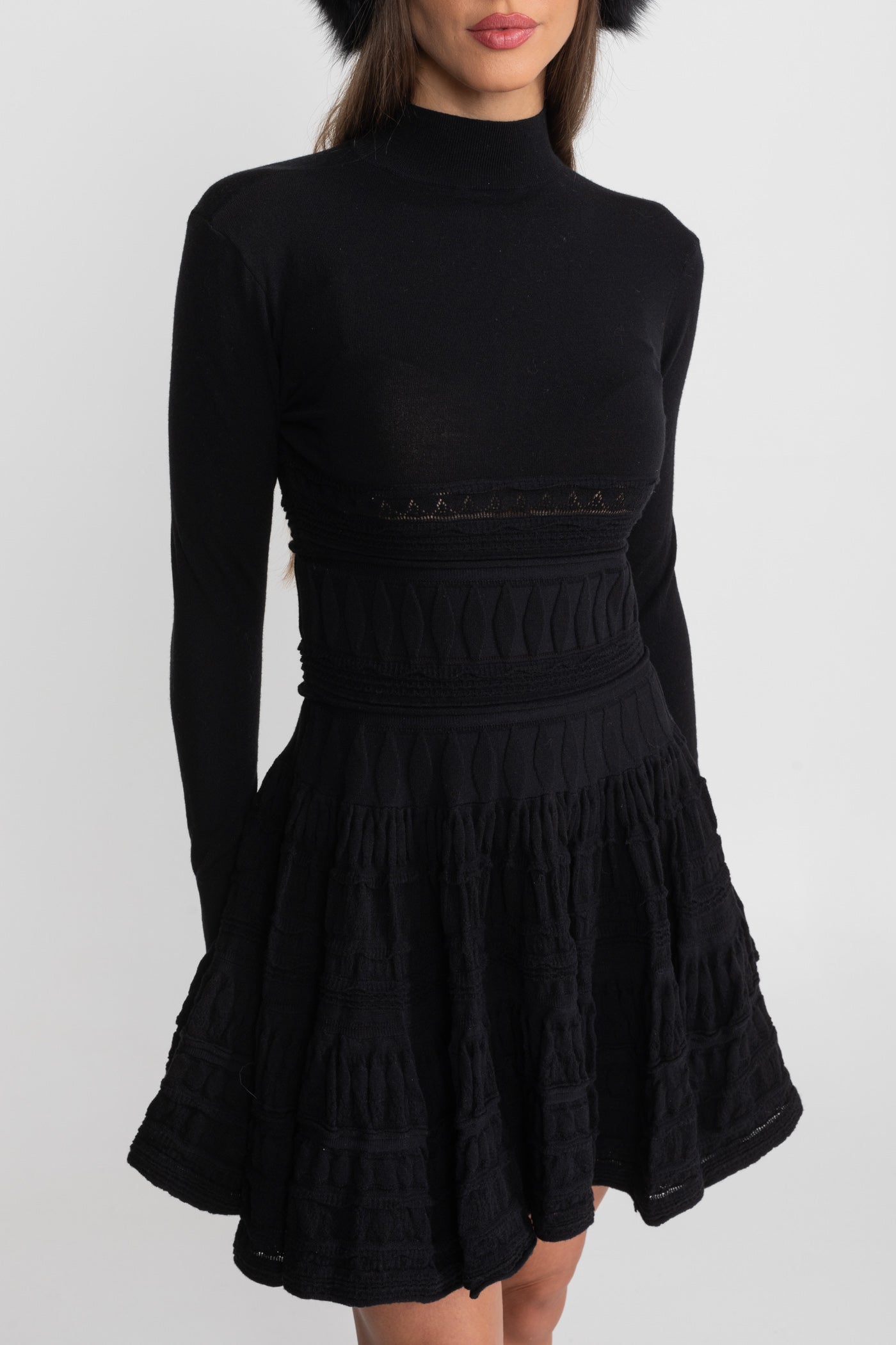 Textured Knit Mini Dress with Flared Skirt - Black
