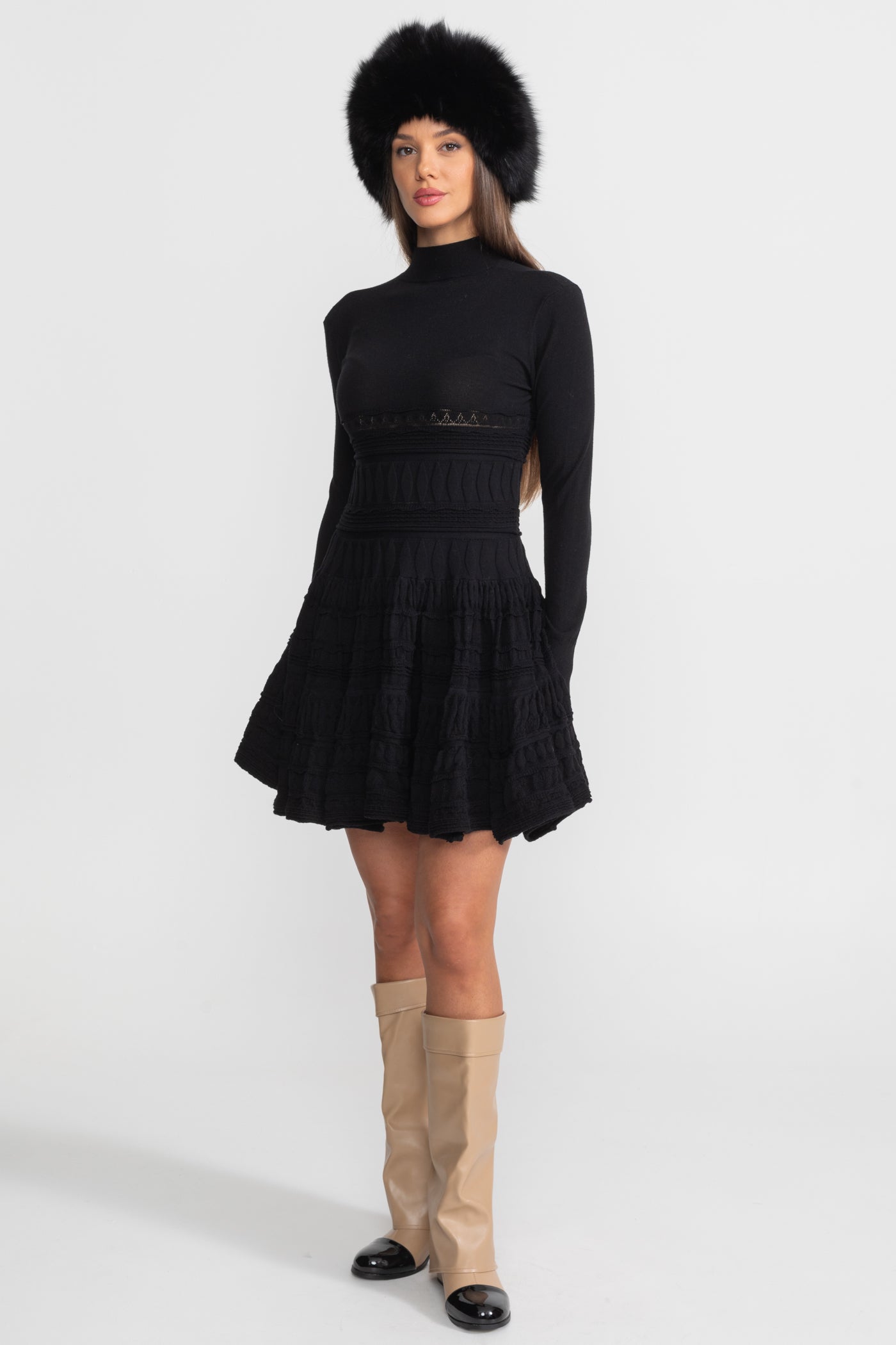 Textured Knit Mini Dress with Flared Skirt - Black