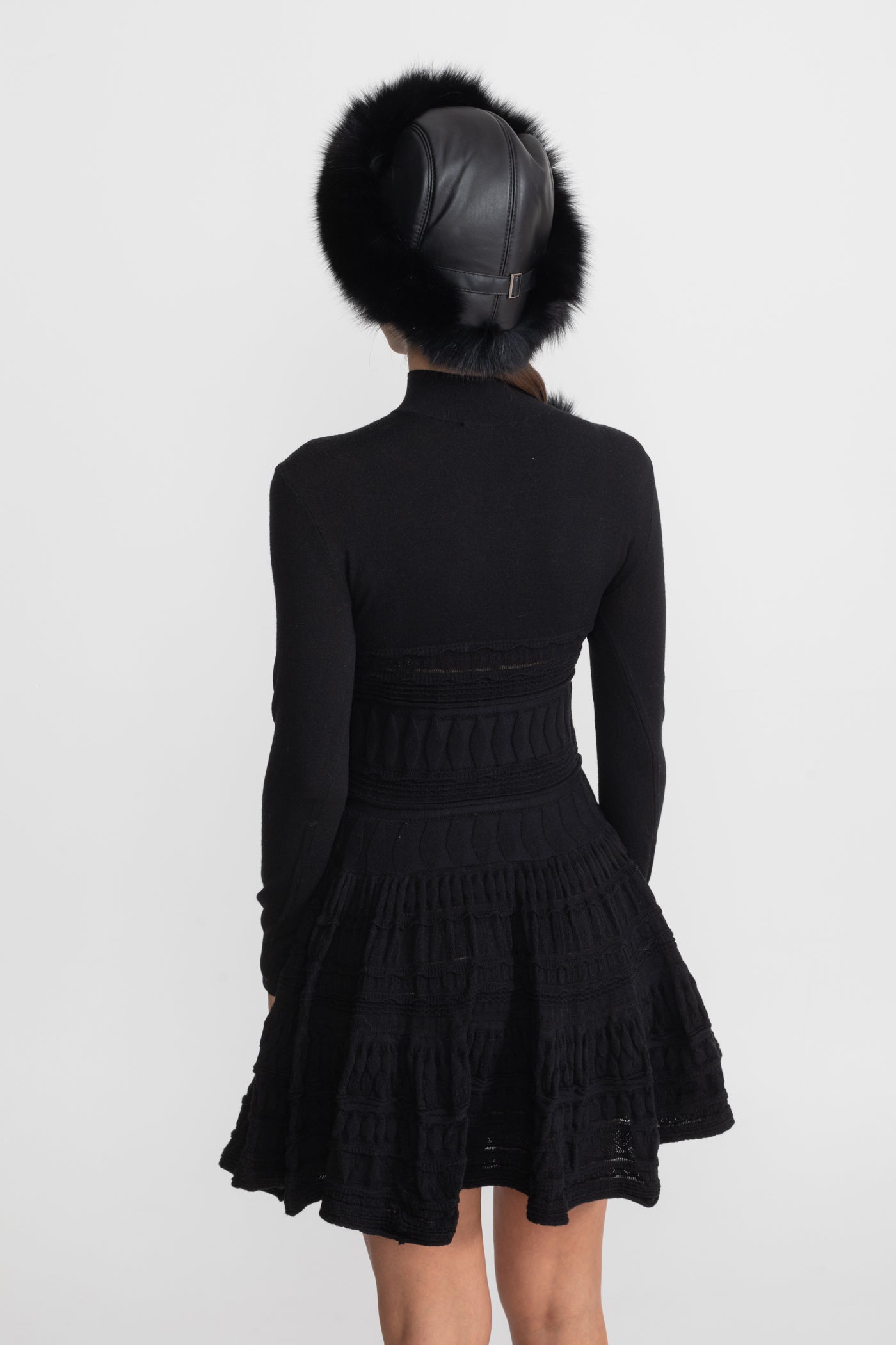 Textured Knit Mini Dress with Flared Skirt - Black